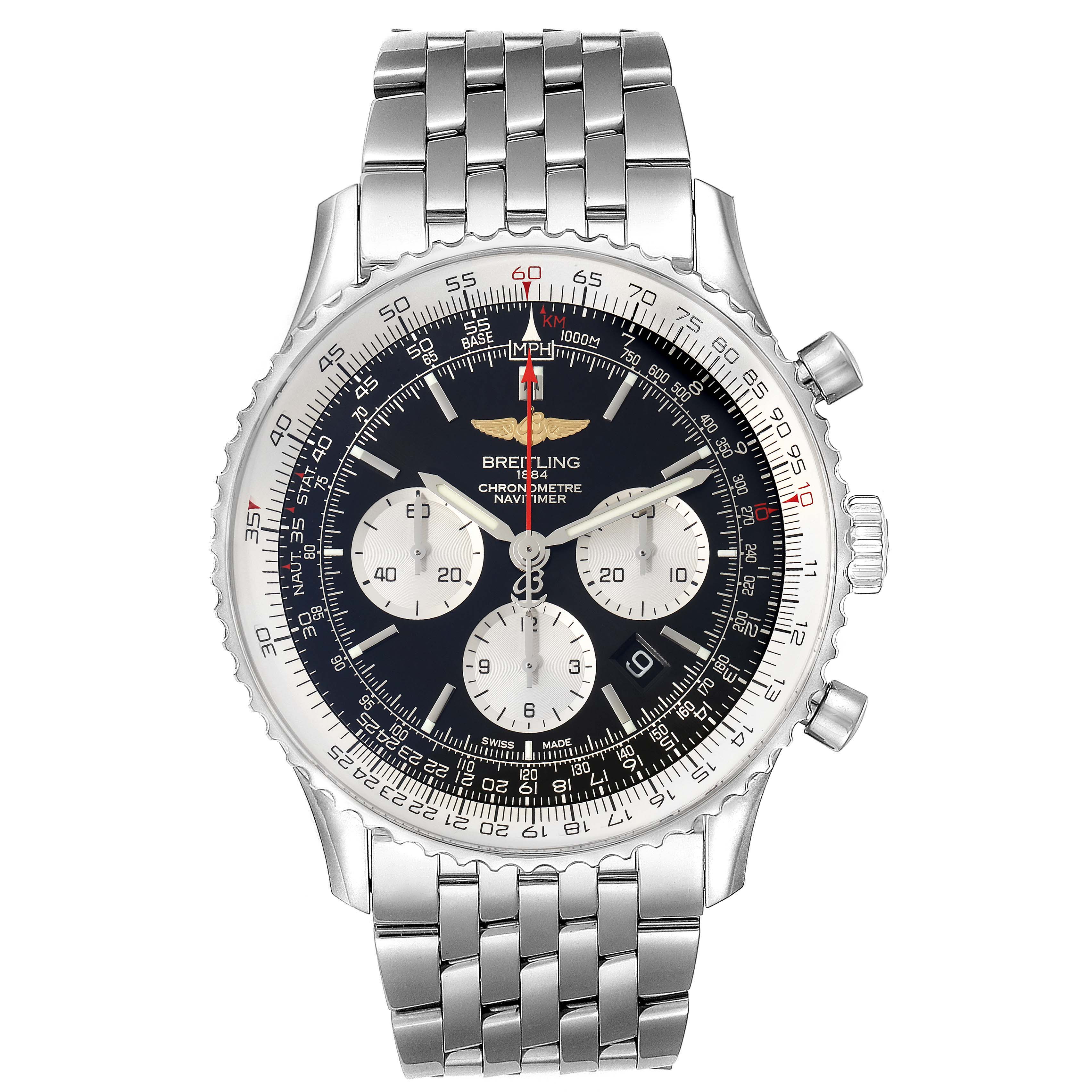 The image shows a front view of a Breitling Navitimer AB0127-211-B1A1 Men's Stainless Steel Black Dial AB0127-211-B1A1 Men's Stainless Steel Black Dial watch, displaying the dial, bezel, crown, and stainless steel bracelet.