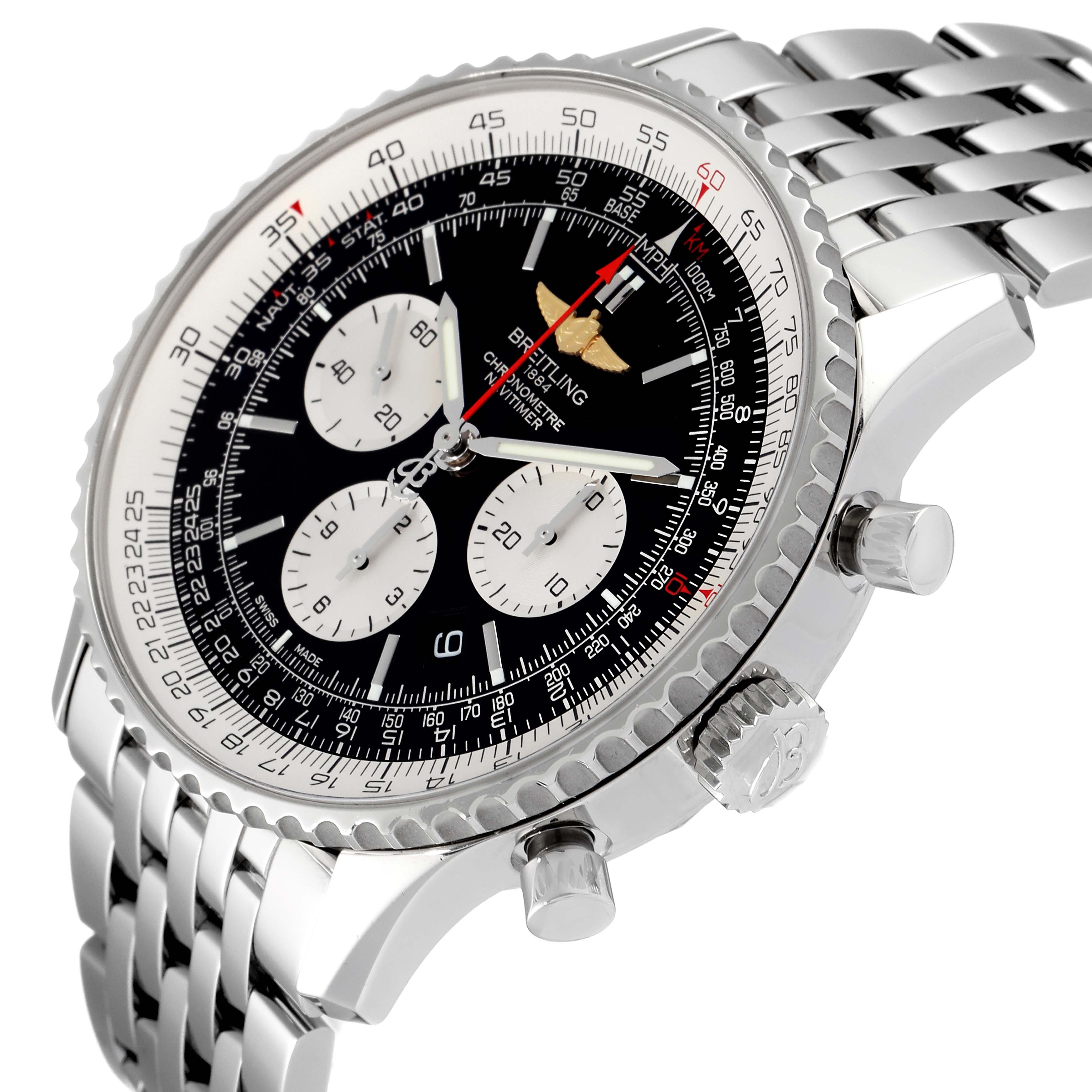 The image shows a side angle of the Breitling Navitimer AB0127-211-B1A1 Men's Stainless Steel Black Dial AB0127-211-B1A1 Men's Stainless Steel Black Dial watch, highlighting its bezel, dial, crown, pushers, and bracelet.