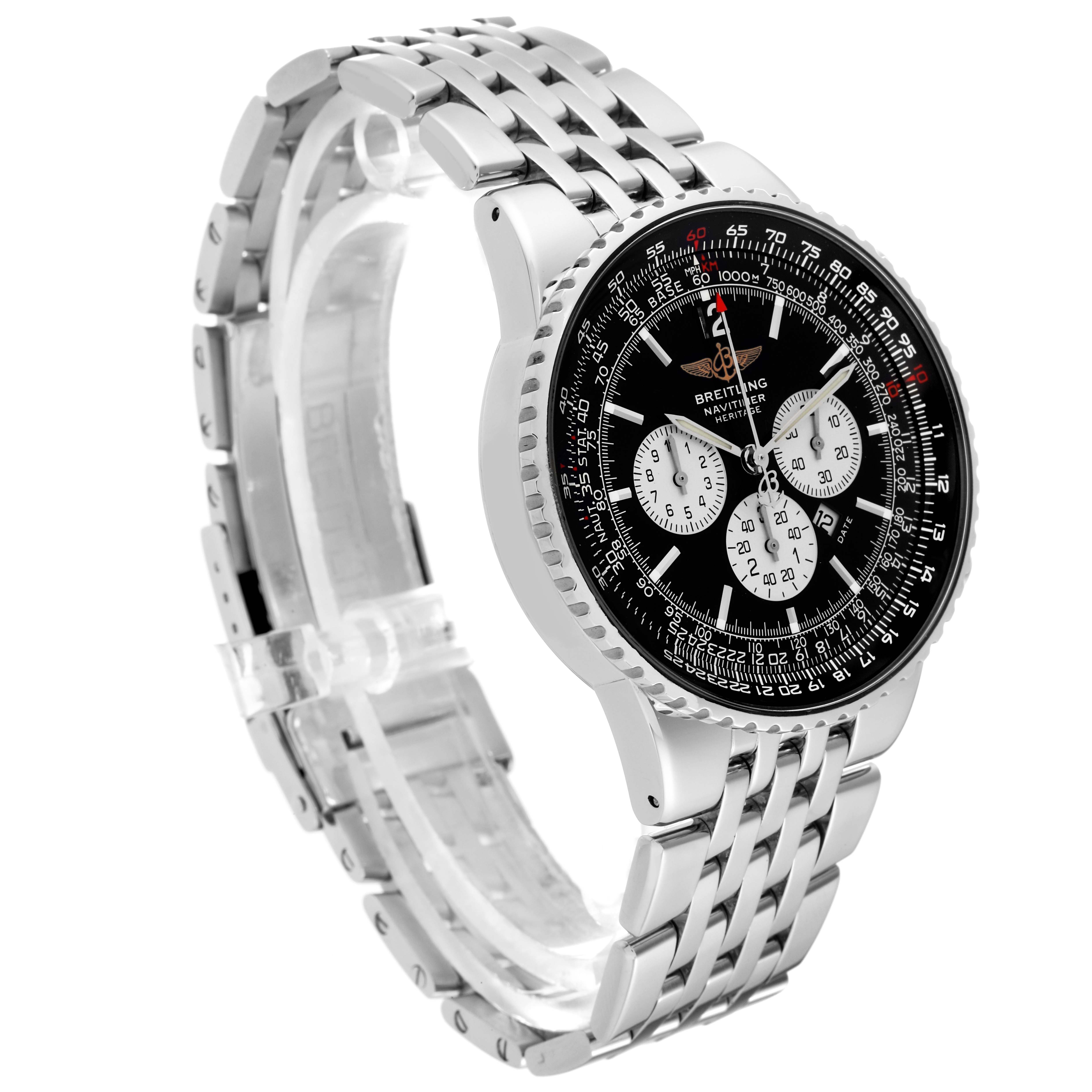 This image shows a side view of a Breitling Navitimer A35350 Men
s Stainless Steel Black Dial A35350 Men
s Stainless Steel Black Dial watch, highlighting its dial, bezel, and stainless steel bracelet.