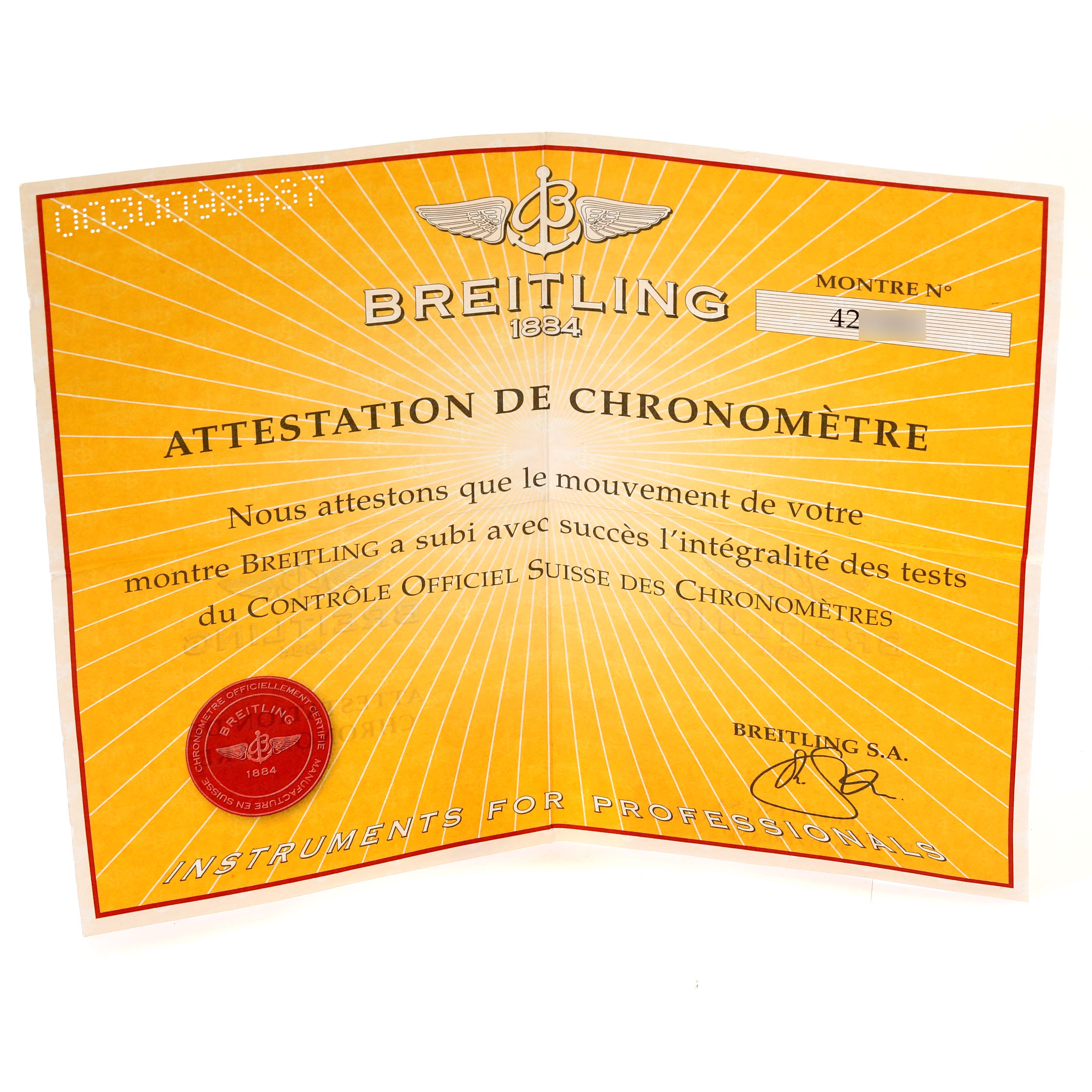 The image shows a chronometer certificate for a Breitling Navitimer A35350 Men
s Stainless Steel Black Dial A35350 Men
s Stainless Steel Black Dial watch, detailing its successful COSC certification.