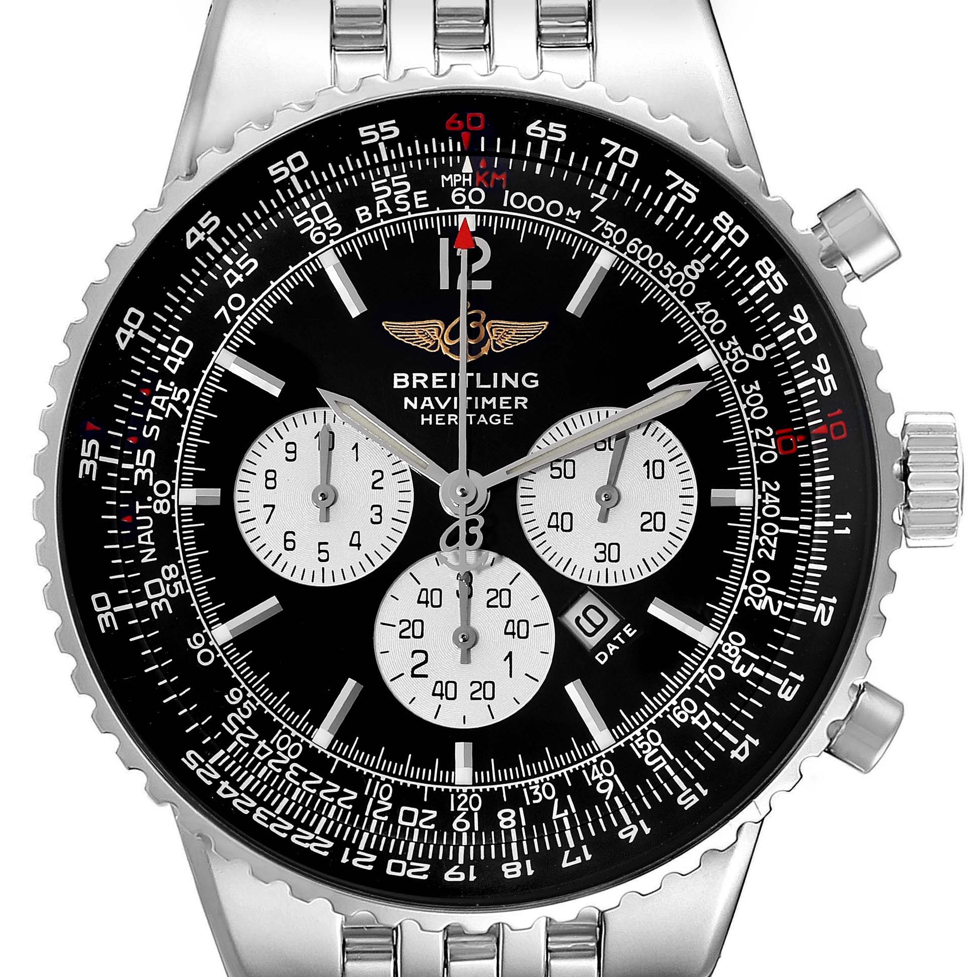 The image shows a top-down view of a Breitling Navitimer A35350 Men
s Stainless Steel Black Dial A35350 Men
s Stainless Steel Black Dial watch, highlighting the dial, bezel, and chronograph sub-dials.