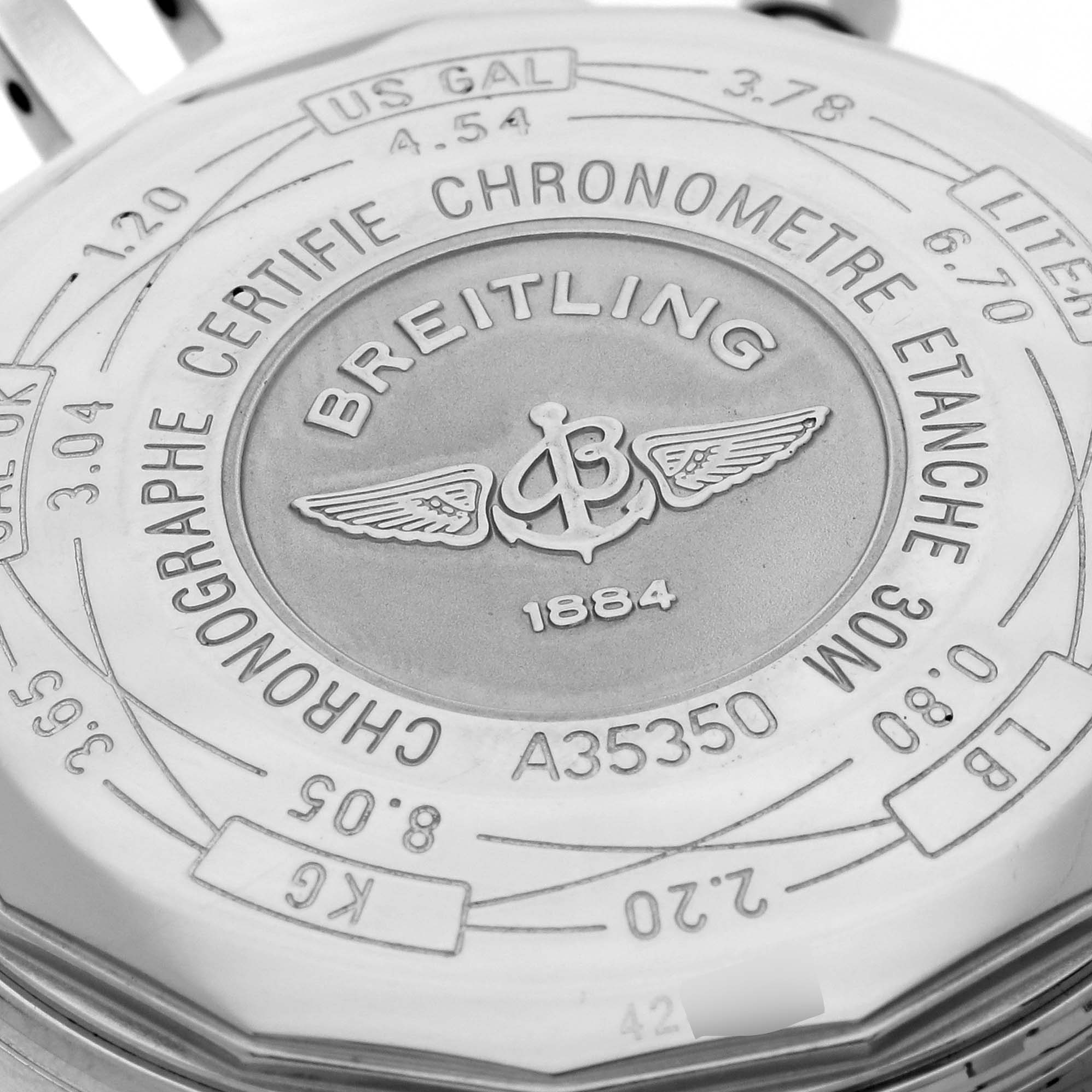 This is the back case of a Breitling Navitimer A35350 Men
s Stainless Steel Black Dial A35350 Men
s Stainless Steel Black Dial watch, showing various engravings and specifications.