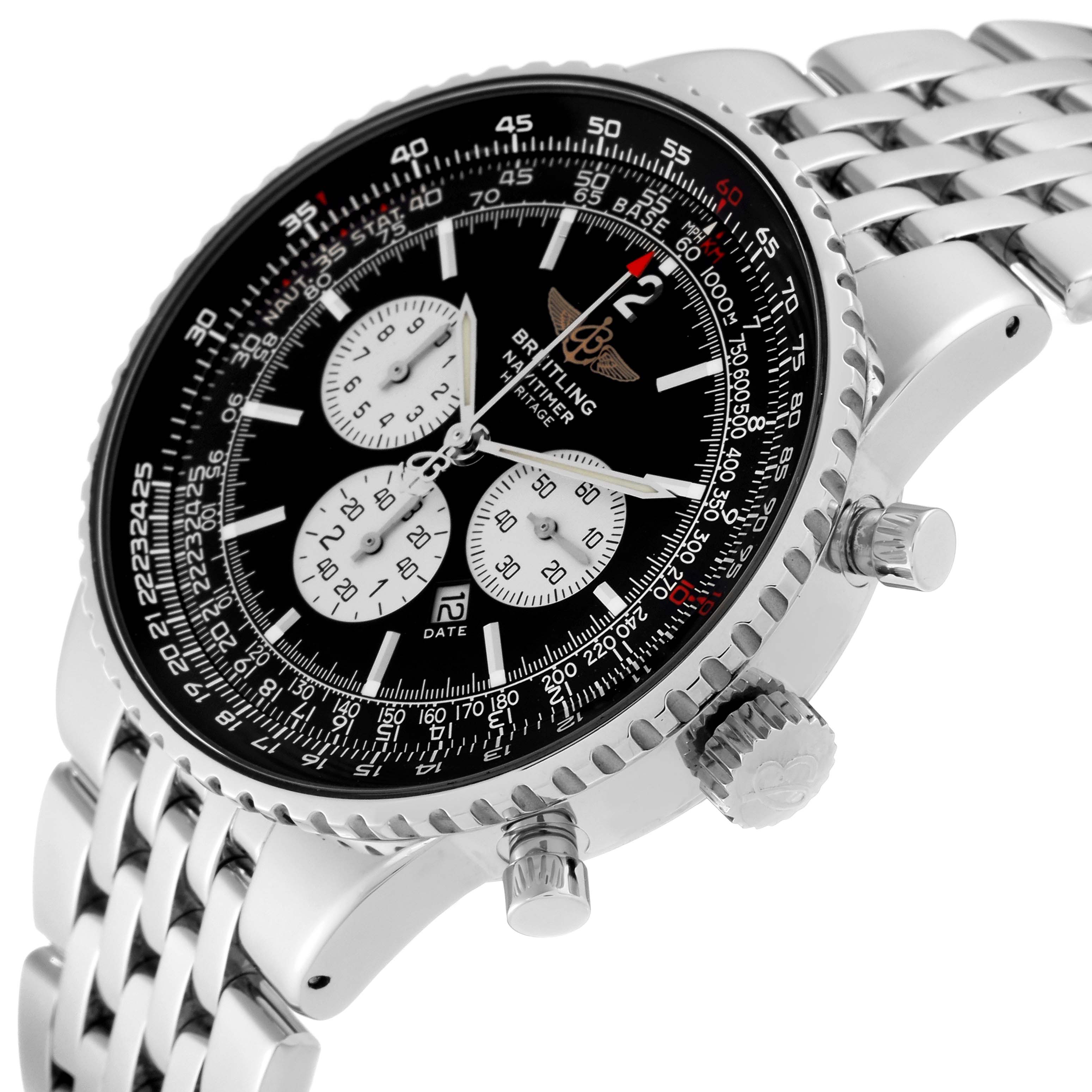 This image shows a Breitling Navitimer A35350 Men
s Stainless Steel Black Dial A35350 Men
s Stainless Steel Black Dial watch from a side angle, highlighting its face, bezel, crown, pushers, and bracelet.