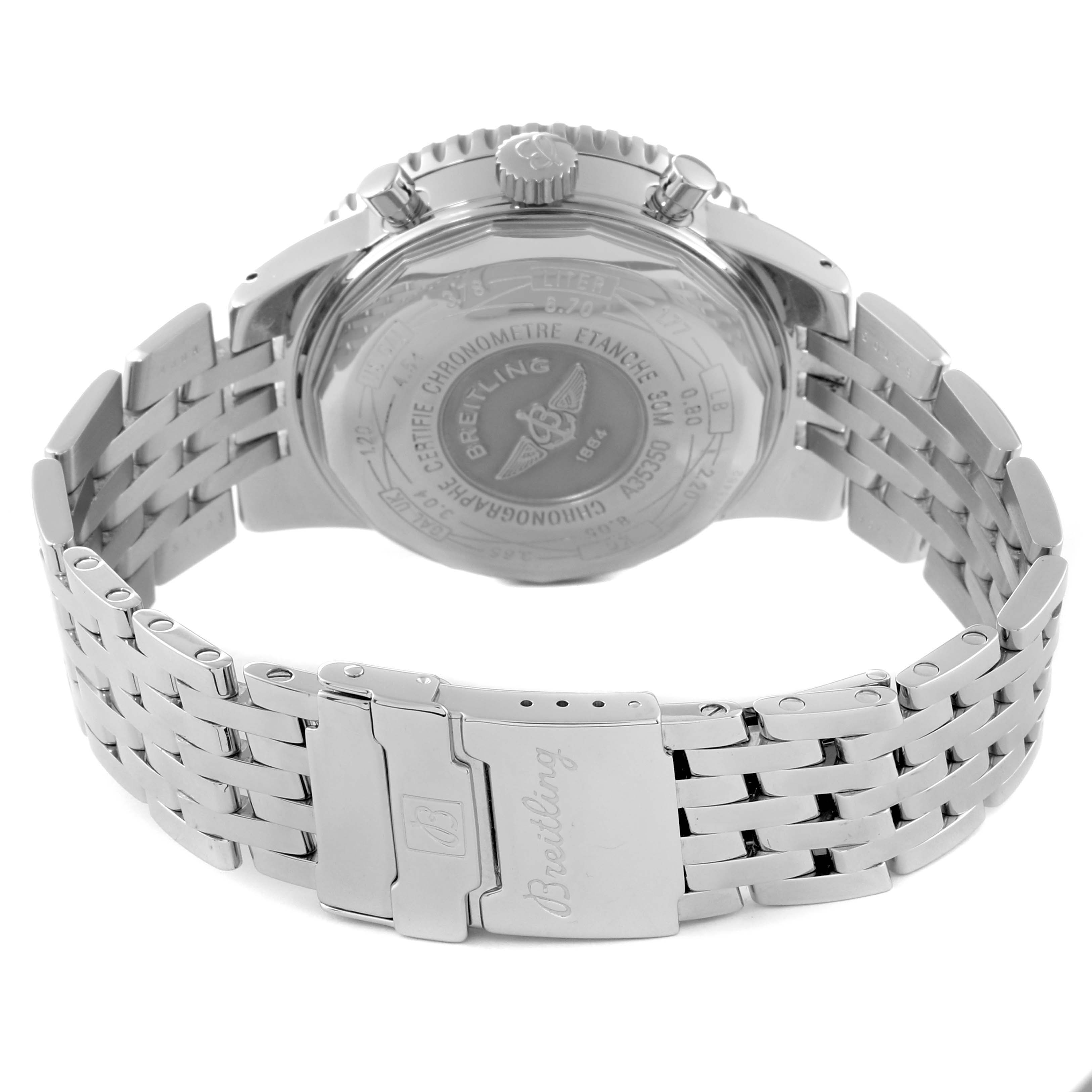 The image shows the back view of a Breitling Navitimer A35350 Men
s Stainless Steel Black Dial A35350 Men
s Stainless Steel Black Dial watch, highlighting its case back and metal bracelet.