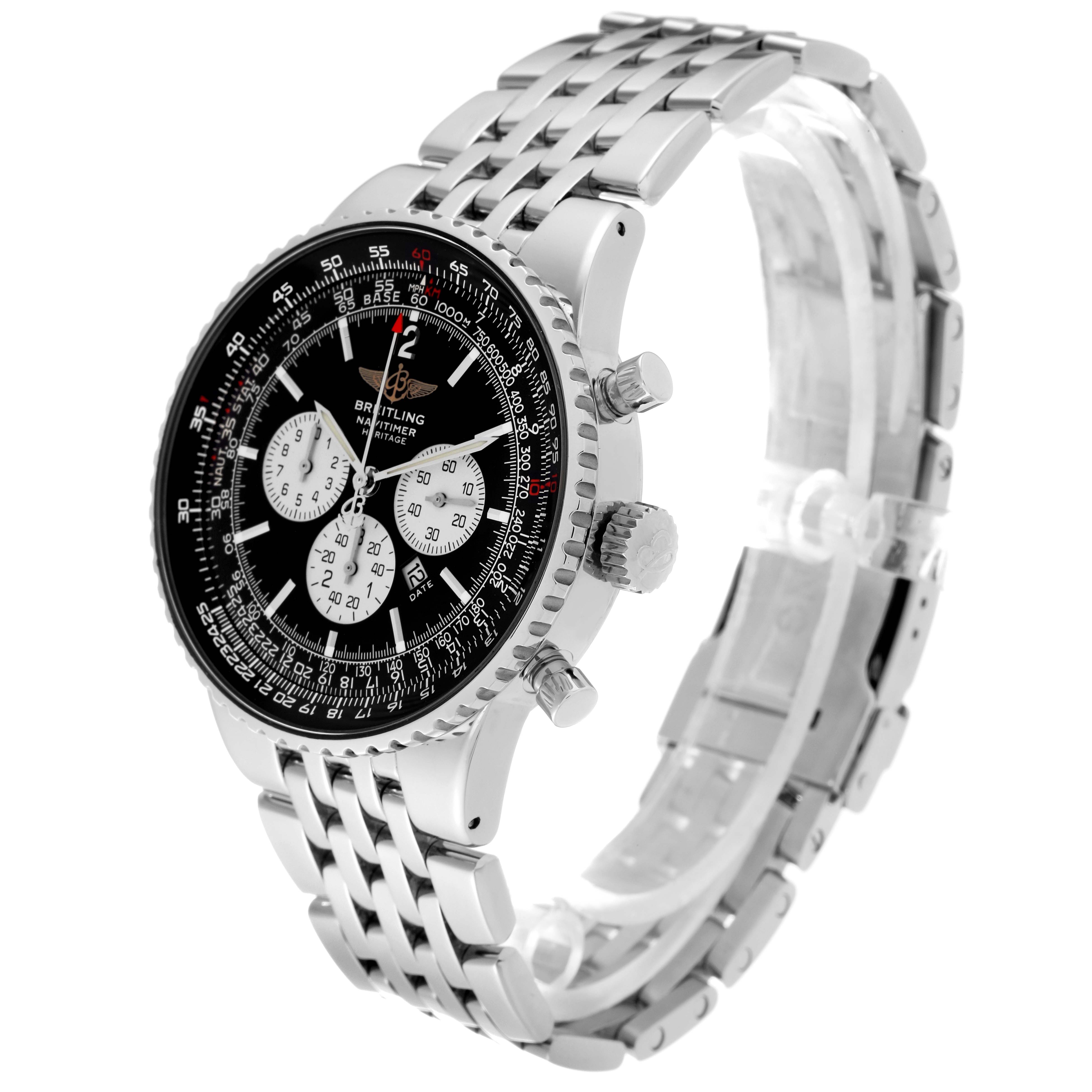 The Breitling Navitimer A35350 Men
s Stainless Steel Black Dial A35350 Men
s Stainless Steel Black Dial watch is shown at a three-quarter angle, highlighting its dial, bezel, and metal bracelet.