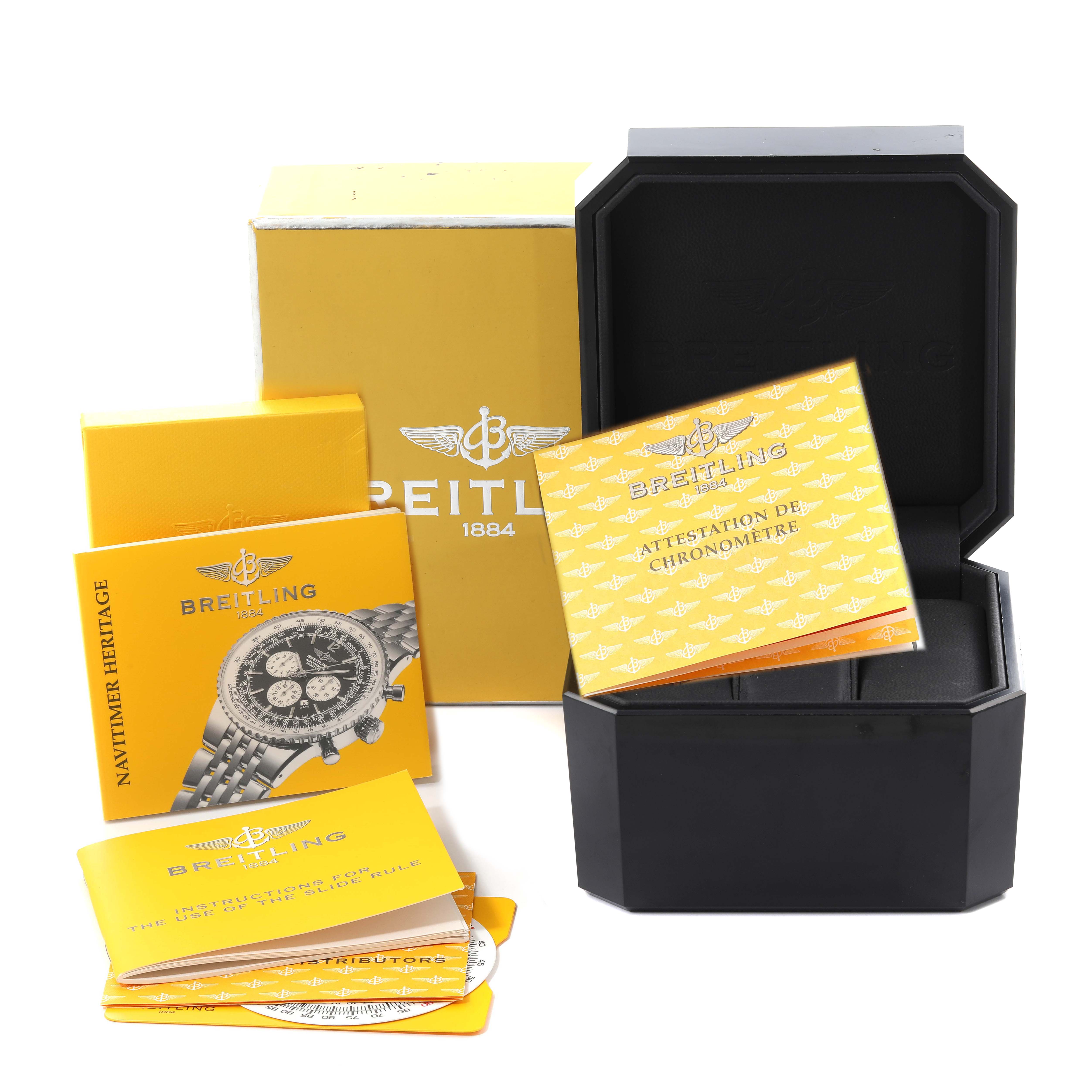 The image shows a Breitling Navitimer A35350 Men
s Stainless Steel Black Dial A35350 Men
s Stainless Steel Black Dial watch box, manuals, and certificates from a front angle.