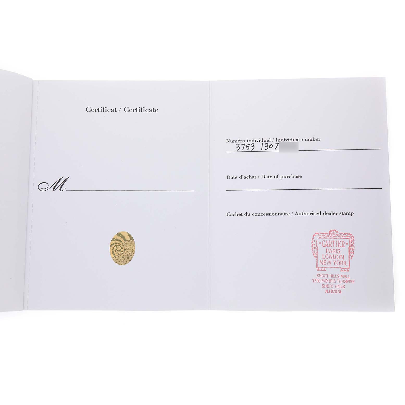The image shows a Cartier Ballon Bleu WE902080 Women's Stainless Steel Silver Dial watch certificate with purchase details and a dealer stamp visible.