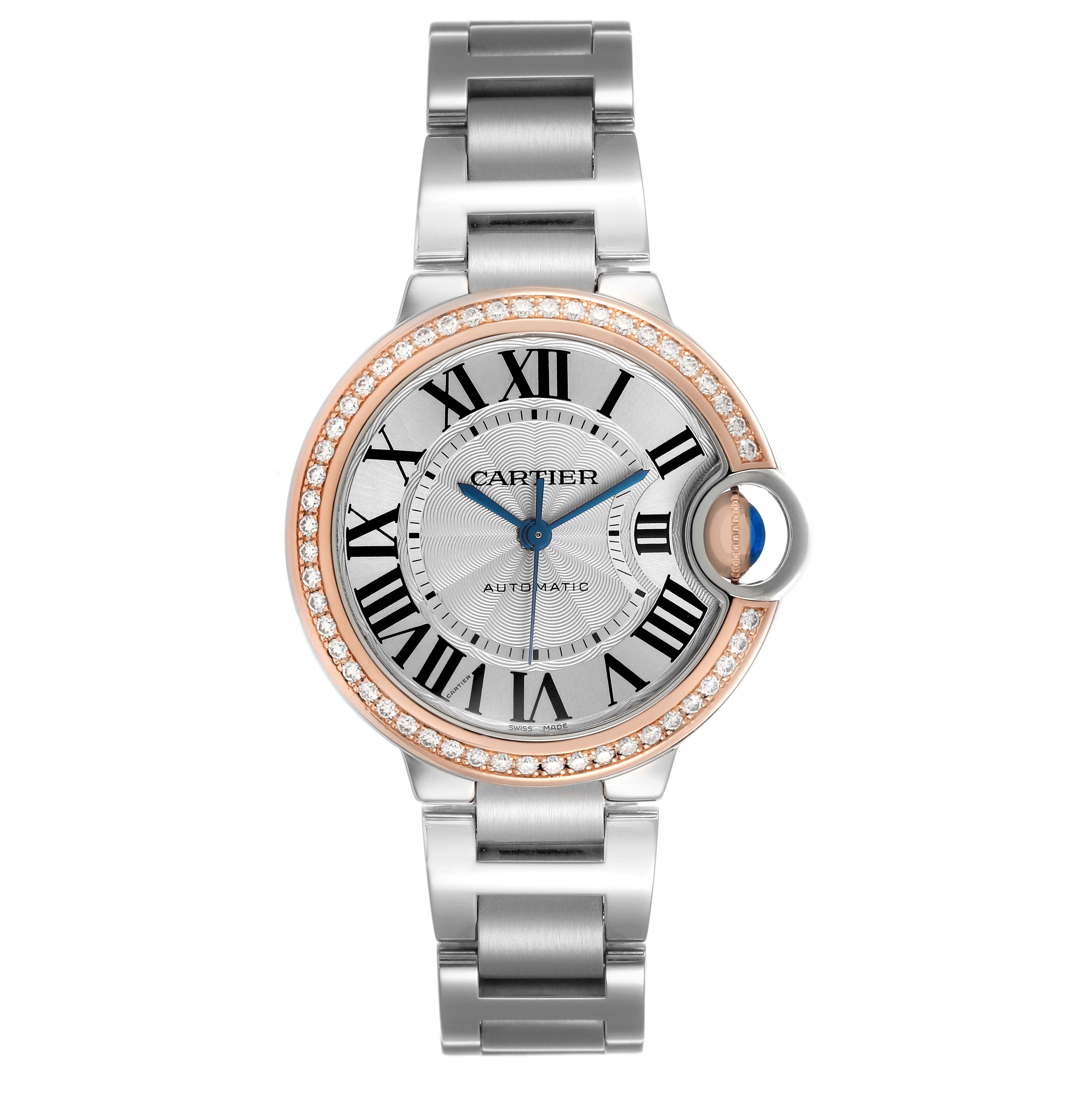 The Cartier Ballon Bleu WE902080 Women's Stainless Steel Silver Dial watch is shown from a front angle, displaying the dial, bezel with diamonds, and bracelet.