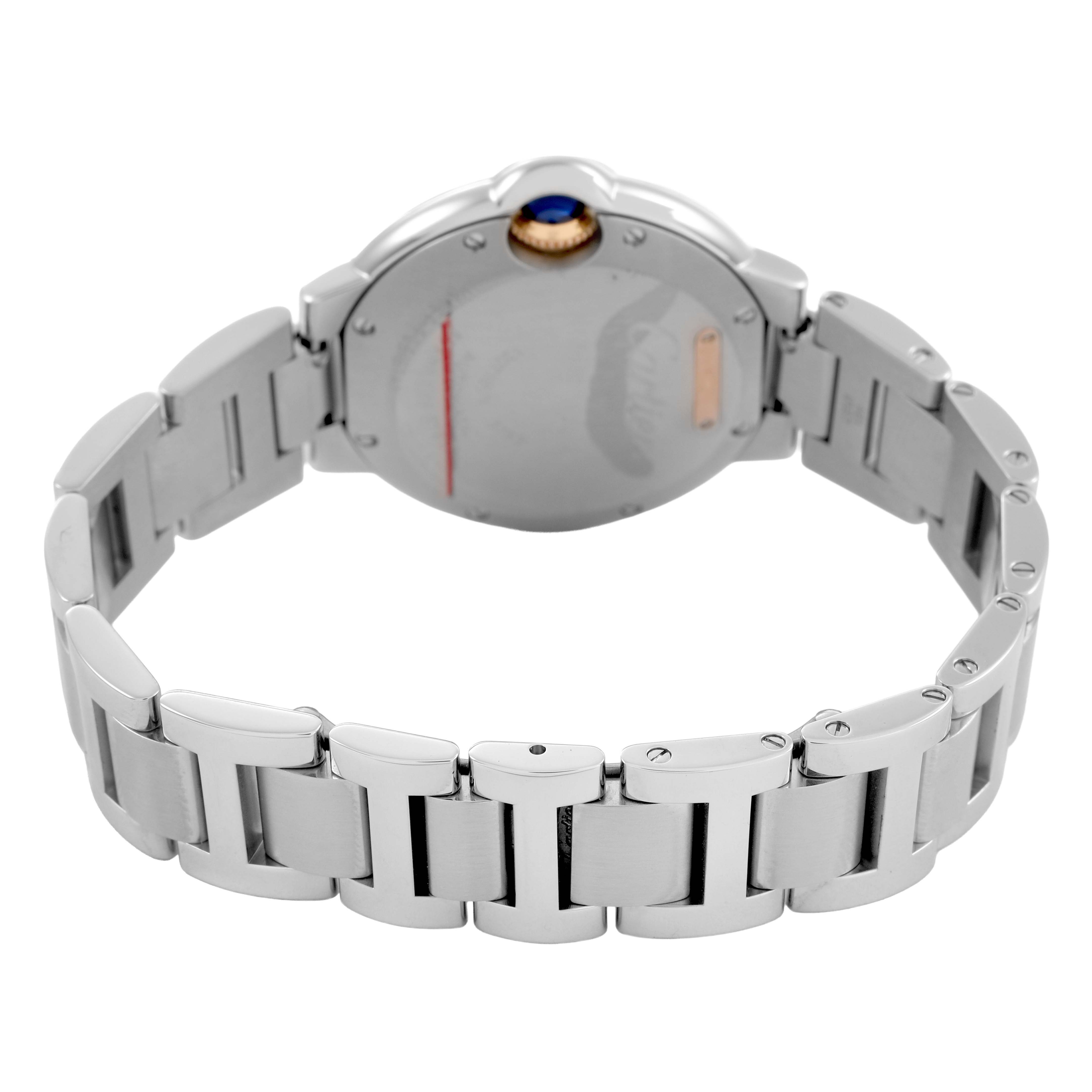 The image shows the back and bracelet of the Cartier Ballon Bleu WE902080 Women's Stainless Steel Silver Dial watch, highlighting its metal links and crown.