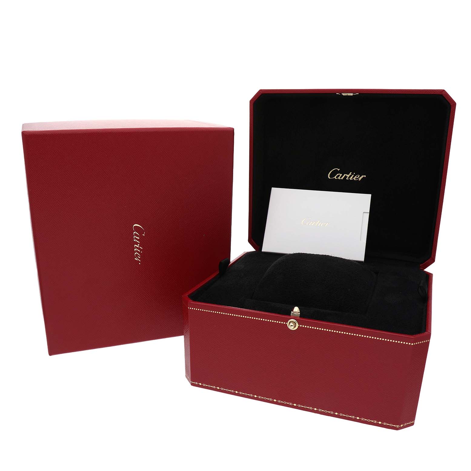 The image shows the packaging for the Cartier Ballon Bleu WE9005Z3 Women's Rose Gold Silver Dial watch, including a red box, an open case, and documentation.