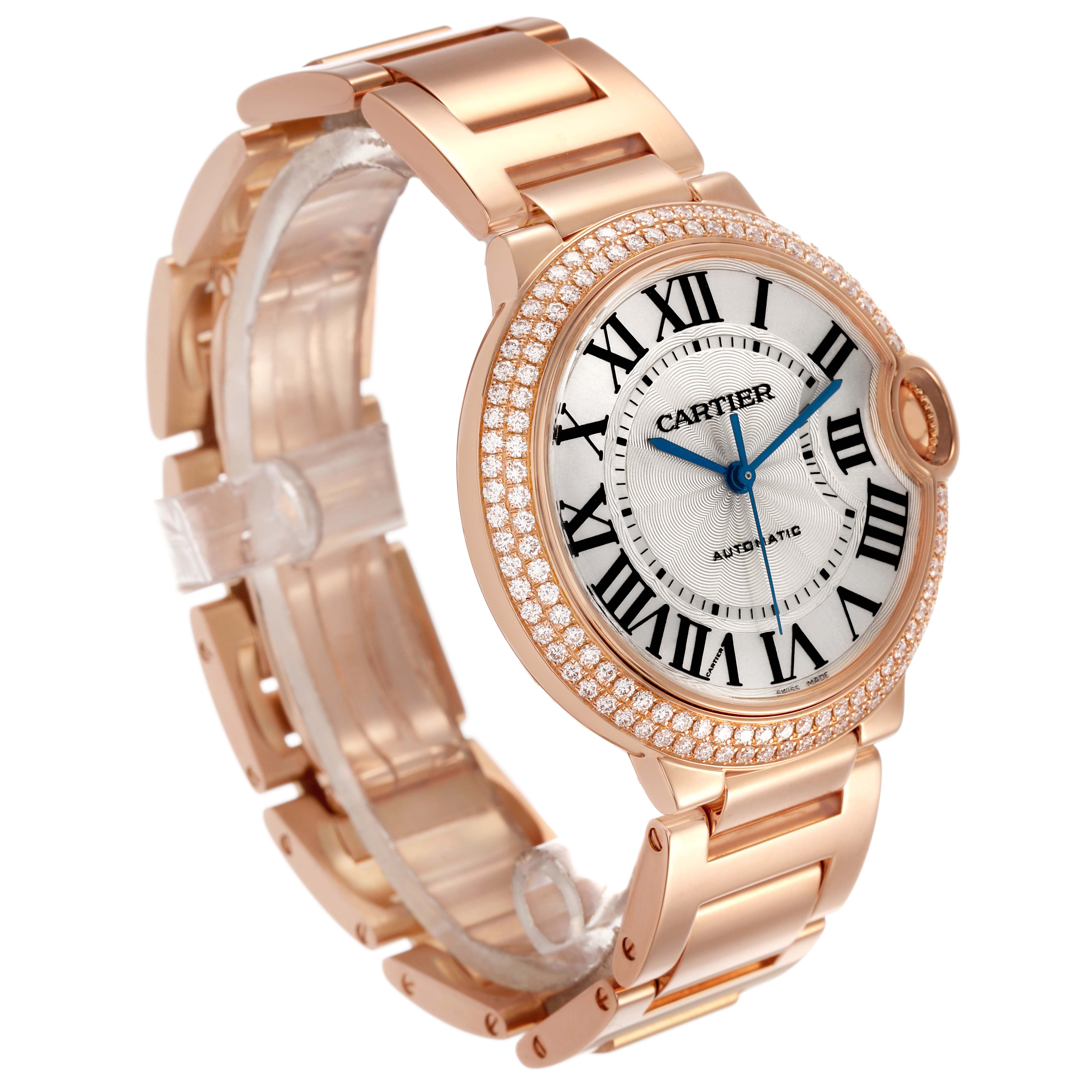 The Cartier Ballon Bleu WE9005Z3 Women's Rose Gold Silver Dial watch is shown at a three-quarter angle displaying the dial, bezel, and bracelet.