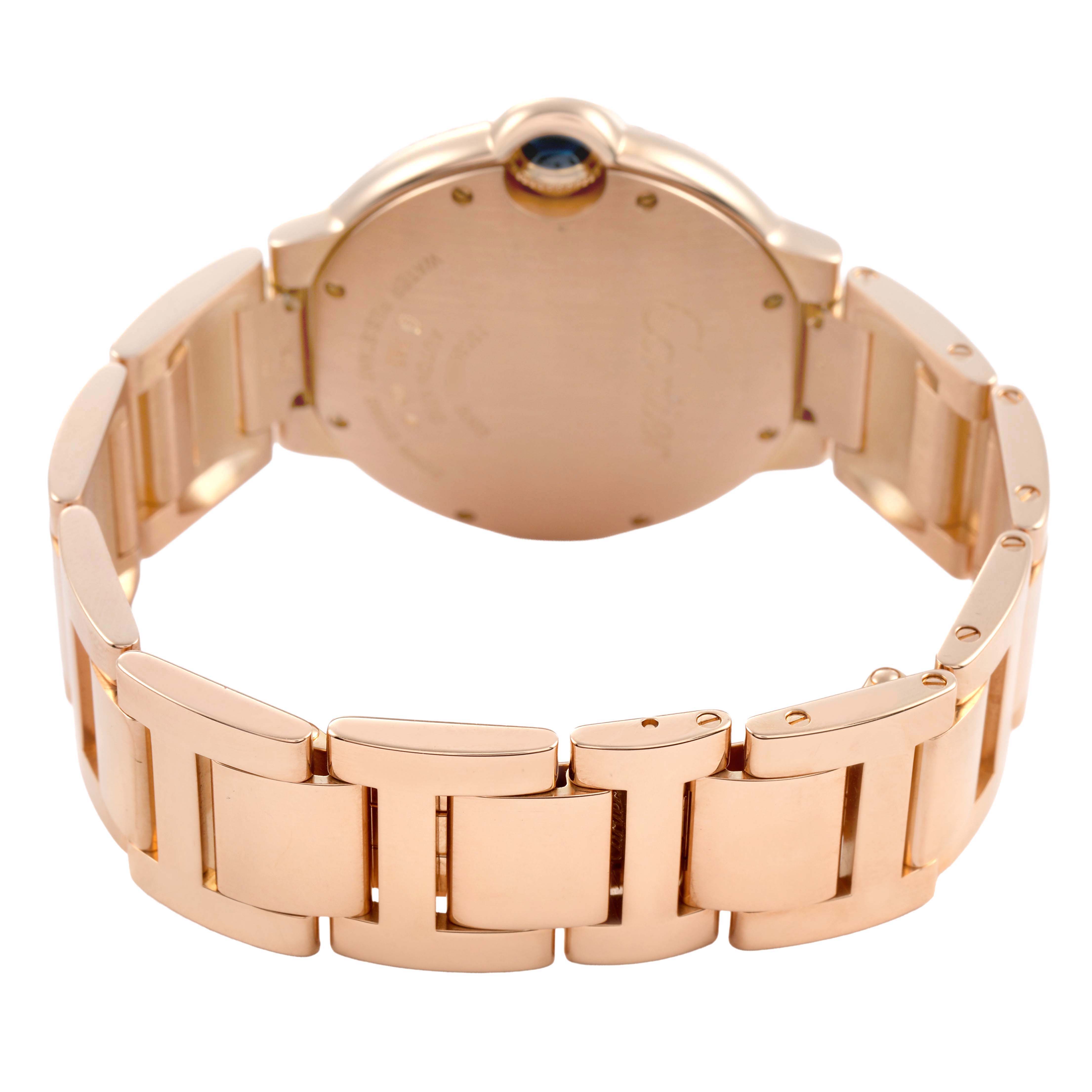 The image shows the back and bracelet of the Cartier Ballon Bleu WE9005Z3 Women's Rose Gold Silver Dial watch, highlighting the clasp and metal links.