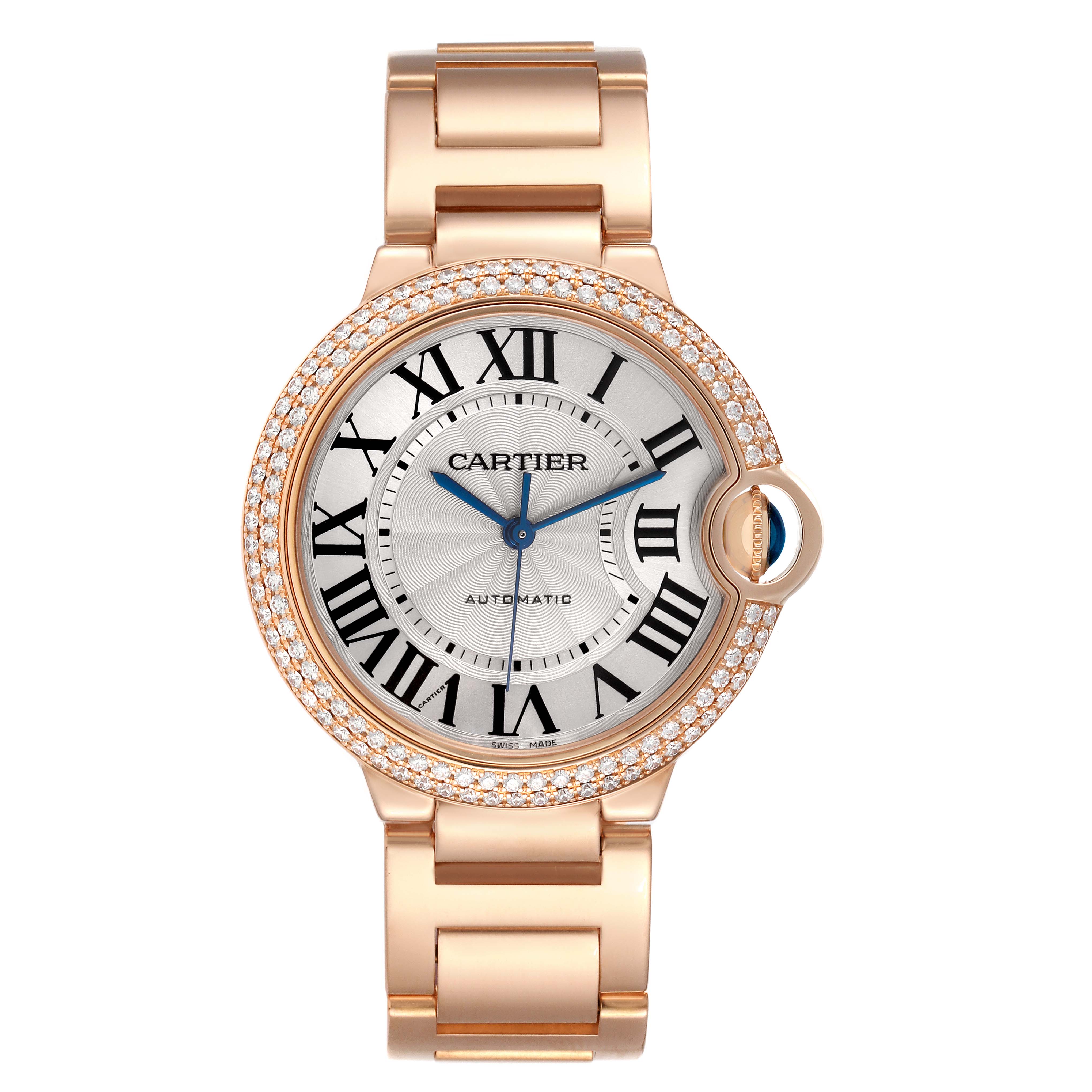The Cartier Ballon Bleu WE9005Z3 Women's Rose Gold Silver Dial watch is shown from the front, featuring its round face, Roman numerals, and a gold bracelet with diamond accents.