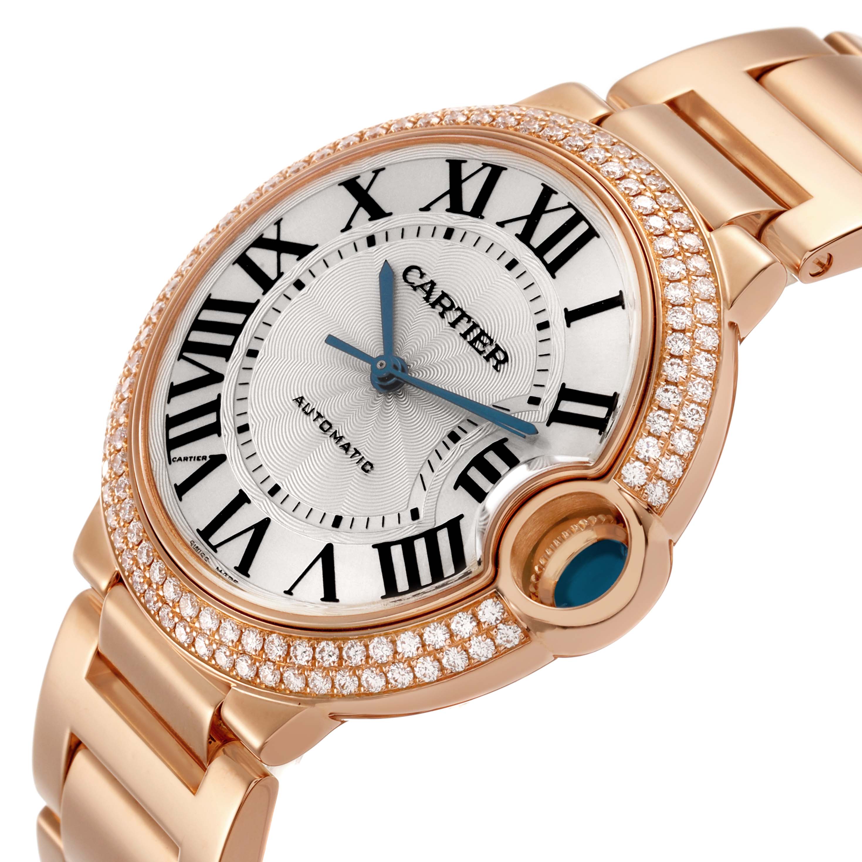 The Cartier Ballon Bleu WE9005Z3 Women's Rose Gold Silver Dial watch is shown at an angled view, highlighting its face, crown, and diamond-studded bezel.