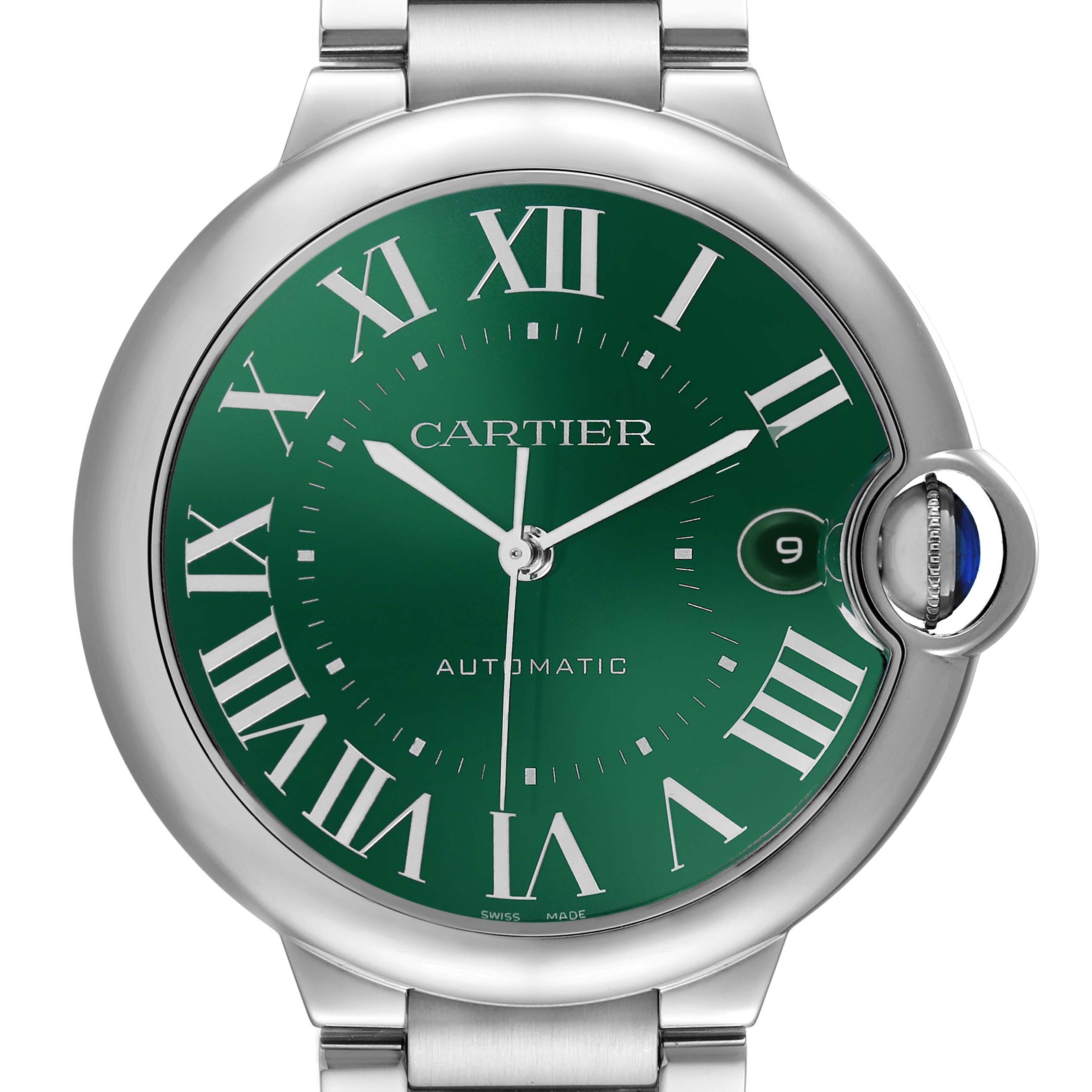 The image shows a front view of the Cartier Ballon Bleu WSBB0071 Men's Stainless Steel Green Dial watch, highlighting its green dial, Roman numerals, and blue cabochon crown.