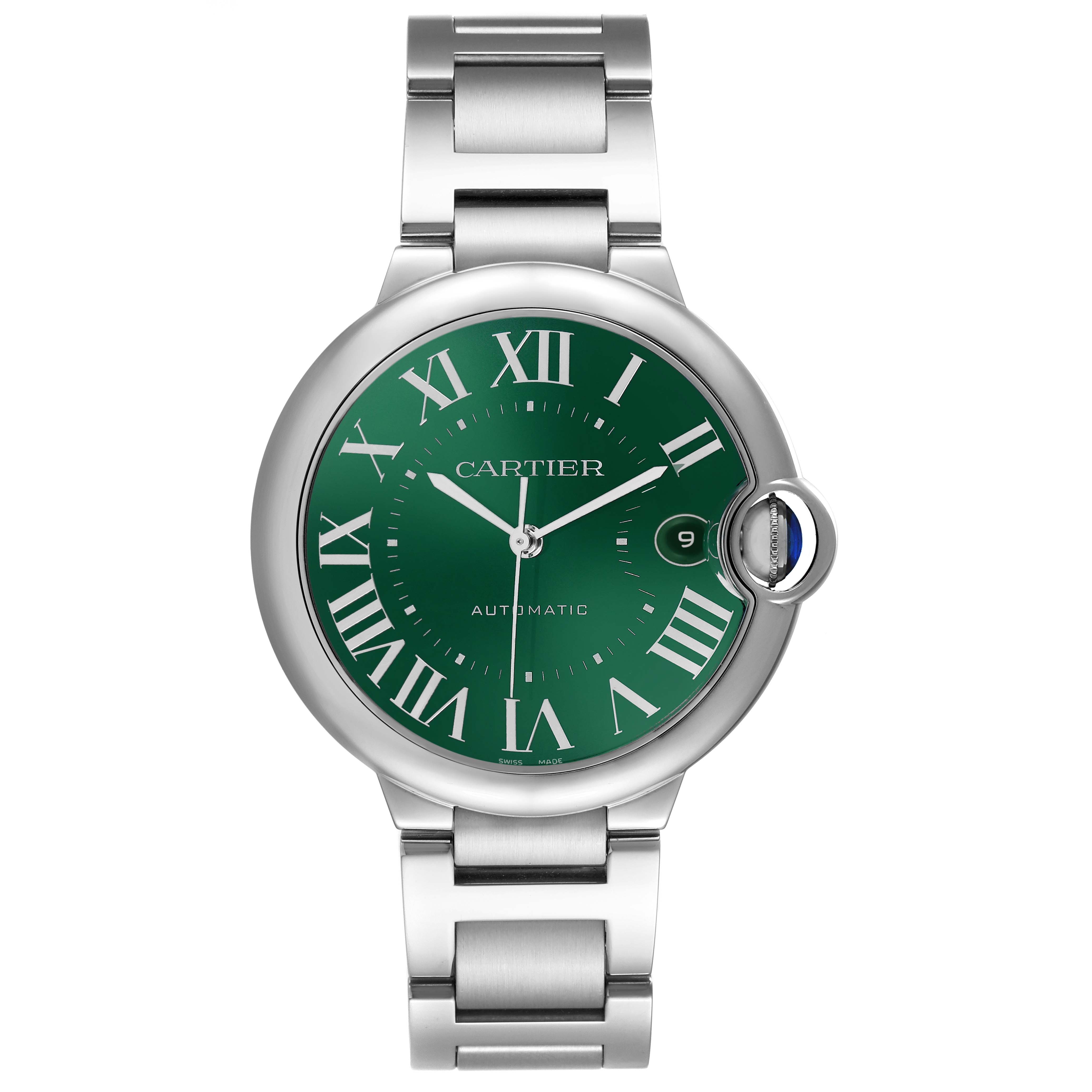The image shows a Cartier Ballon Bleu WSBB0071 Men's Stainless Steel Green Dial watch from a front view, highlighting its green Roman numeral dial and metal bracelet.