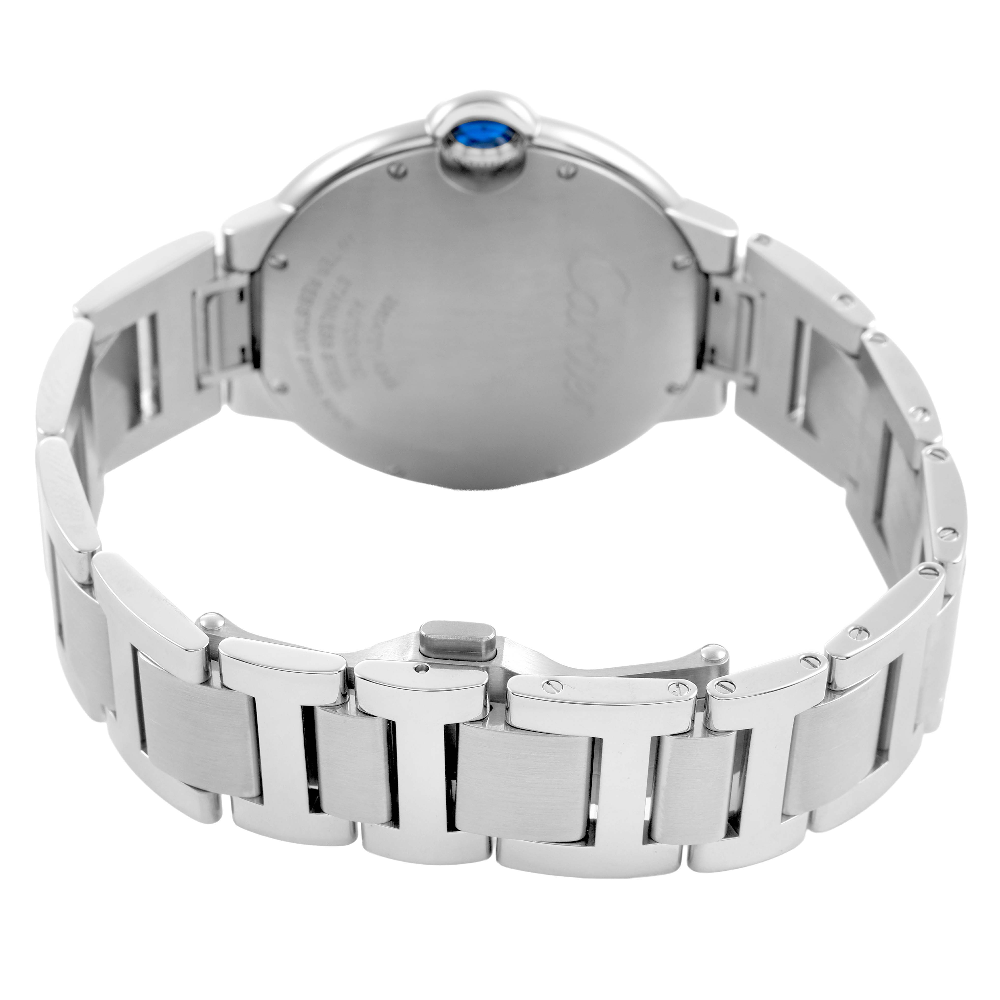 The image shows the back view of the Cartier Ballon Bleu WSBB0071 Men's Stainless Steel Green Dial watch, highlighting the clasp and bracelet links.