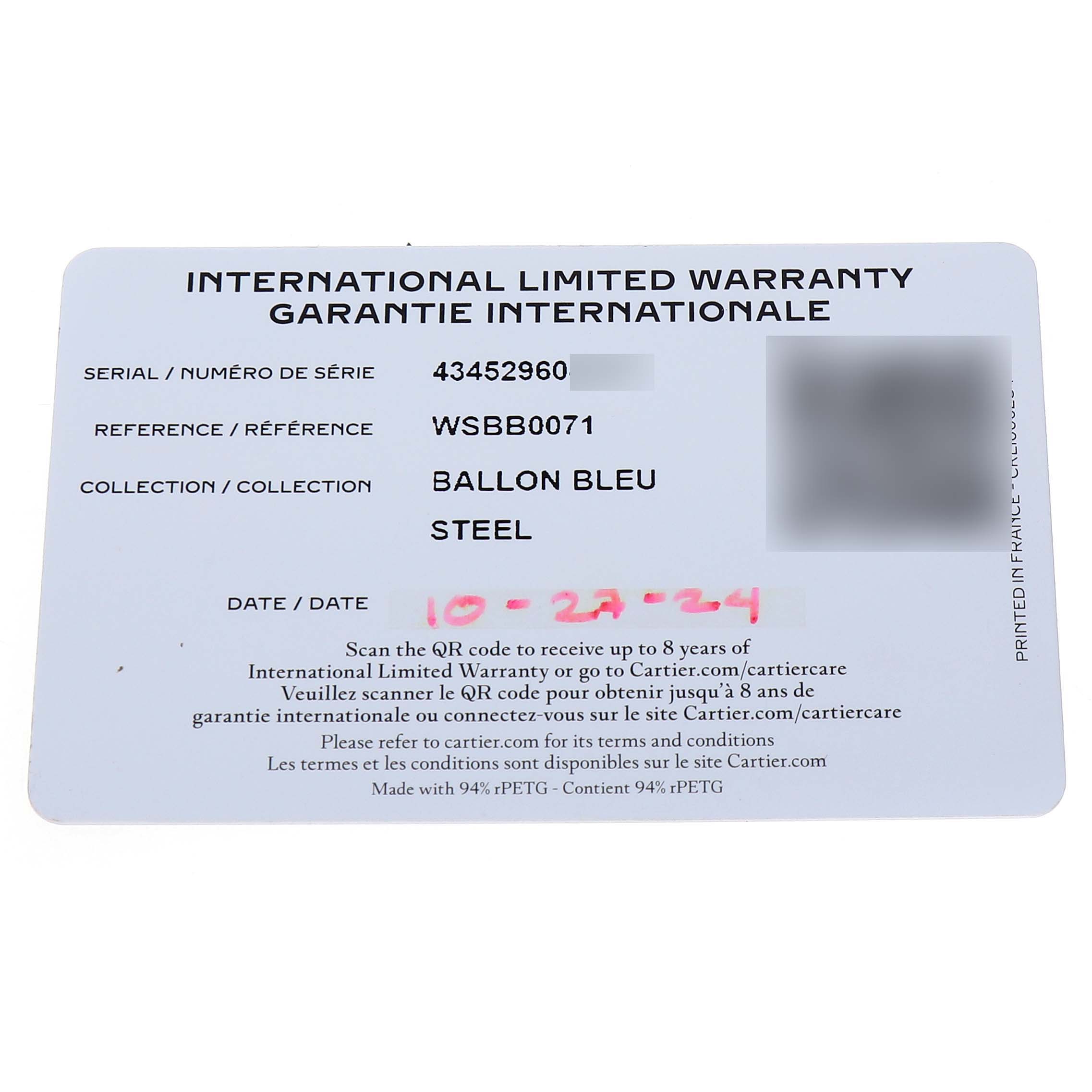 The image shows an International Limited Warranty card for the Cartier Ballon Bleu WSBB0071 Men's Stainless Steel Green Dial model.