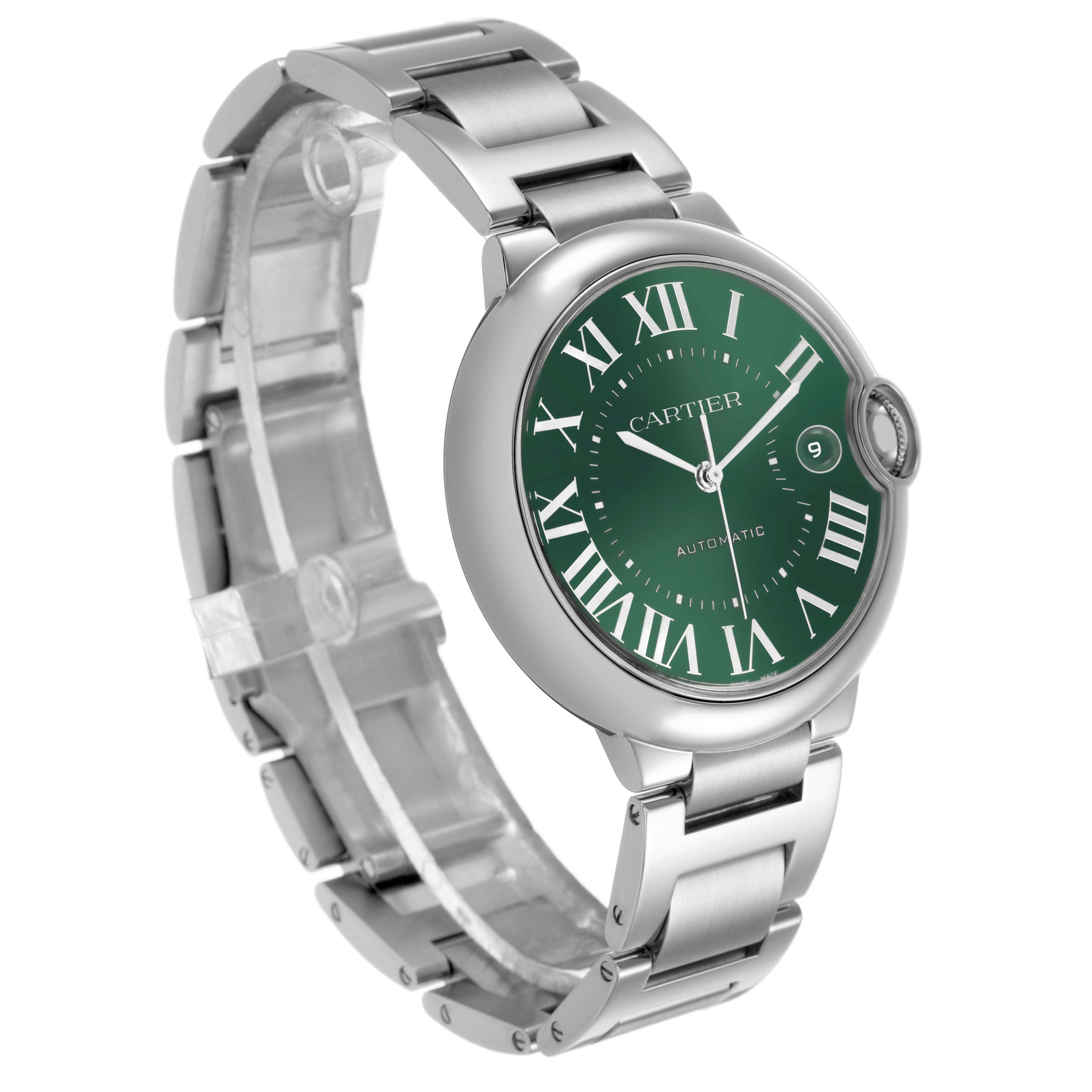 The Cartier Ballon Bleu WSBB0071 Men's Stainless Steel Green Dial watch is shown in a three-quarter angle, highlighting the green dial, Roman numerals, and metal bracelet.