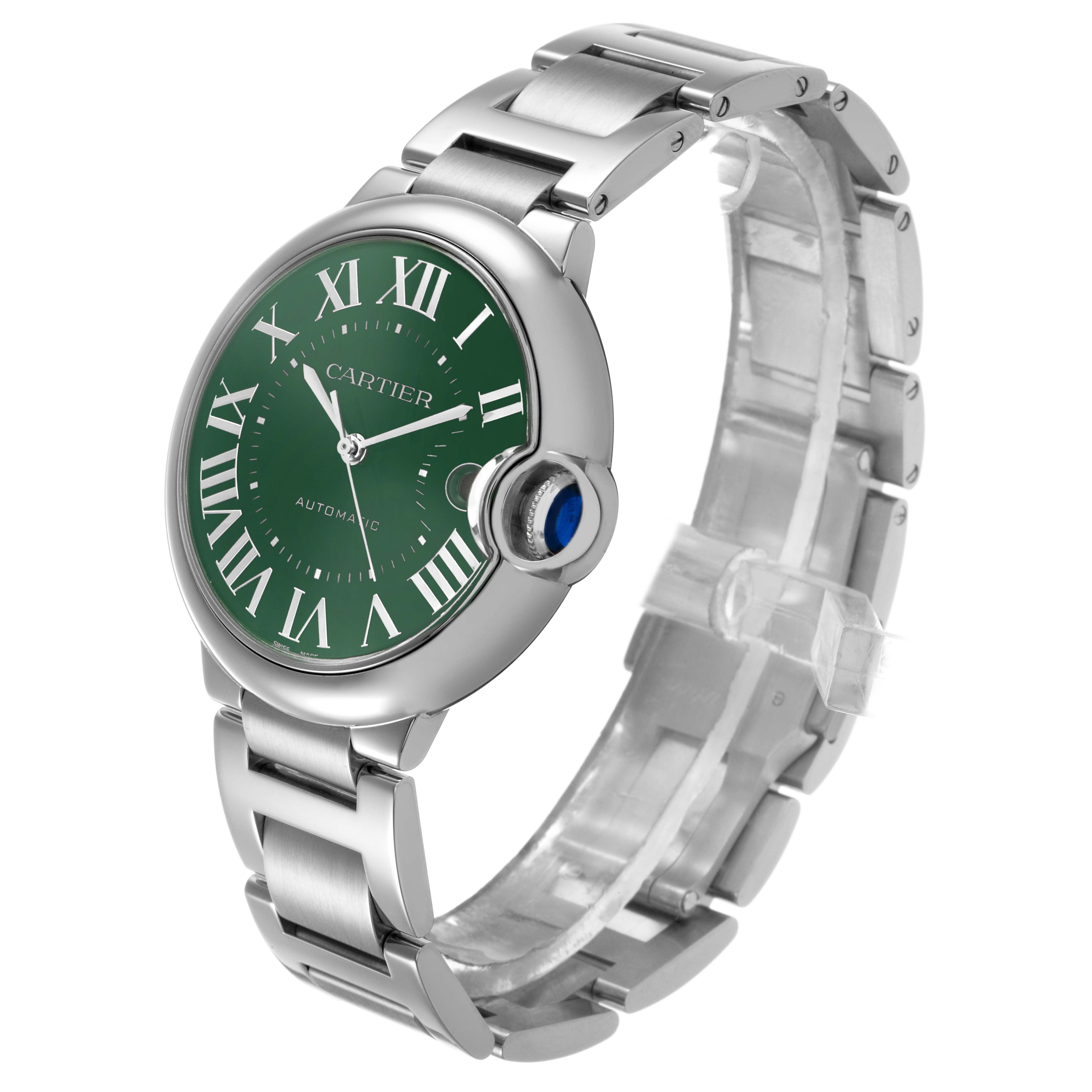 The Cartier Ballon Bleu WSBB0071 Men's Stainless Steel Green Dial watch is shown at a three-quarter angle, highlighting the green dial, Roman numerals, and metal bracelet.