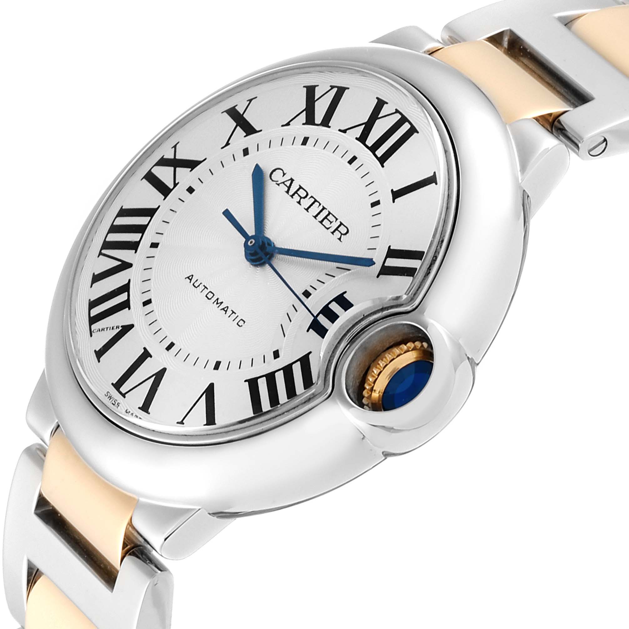 This image shows a close-up angle of a Ballon Bleu de Cartier watch, highlighting its face, crown, and part of the bracelet.
