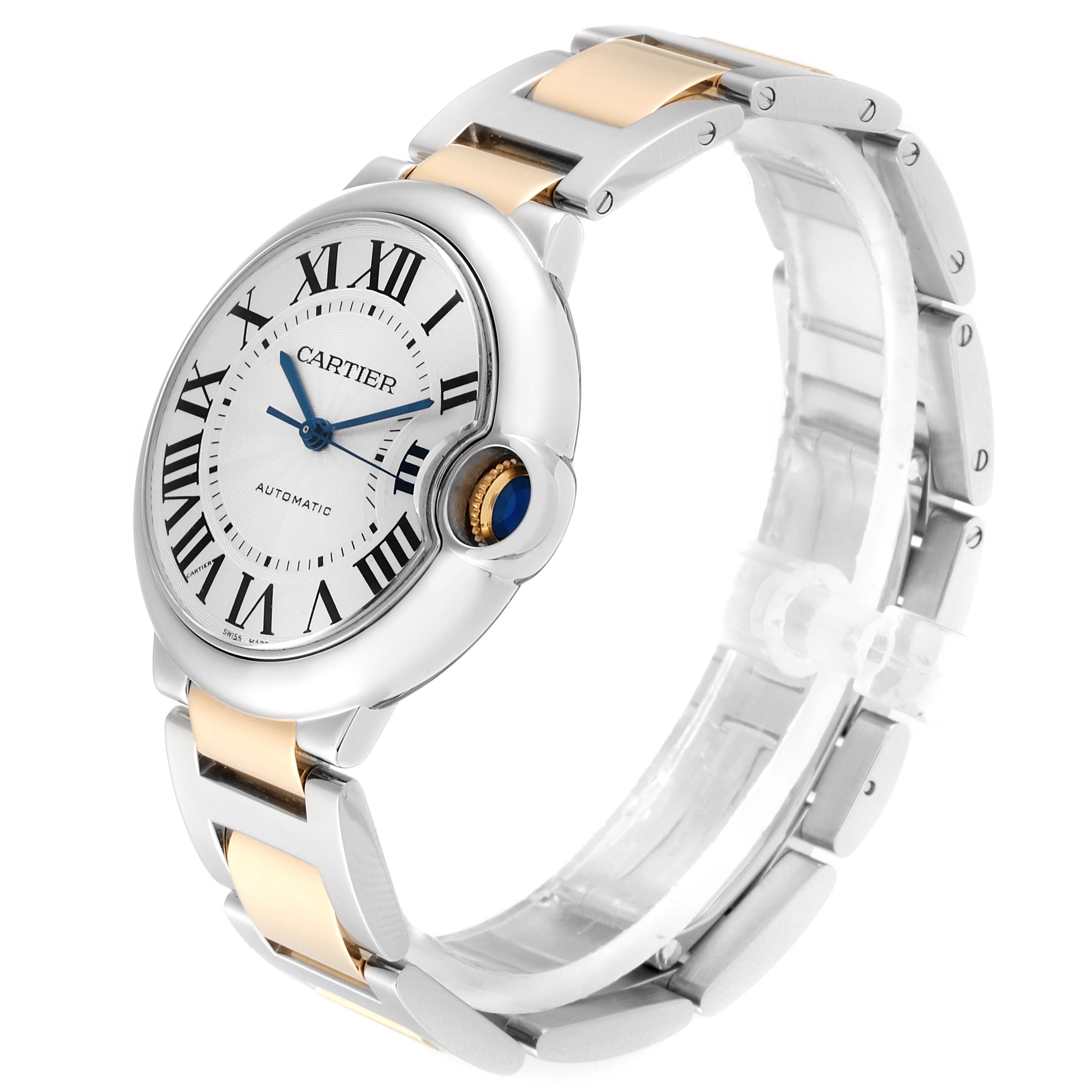 This image shows a Ballon Bleu by Cartier from an angled side view, highlighting the watch face, crown, and two-tone metal bracelet.