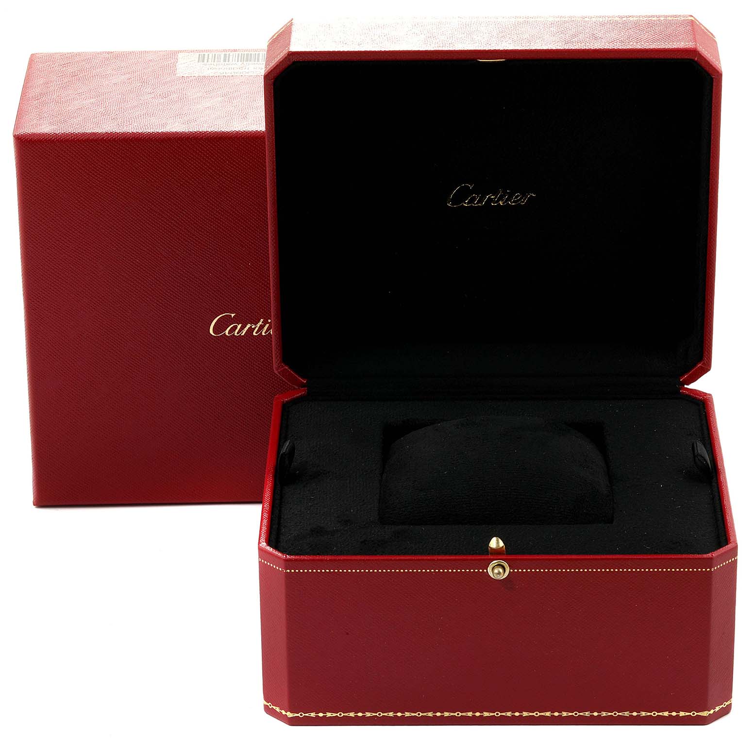The image shows an open red Cartier box for the Ballon Bleu model, displaying its interior with a cushion for the watch.