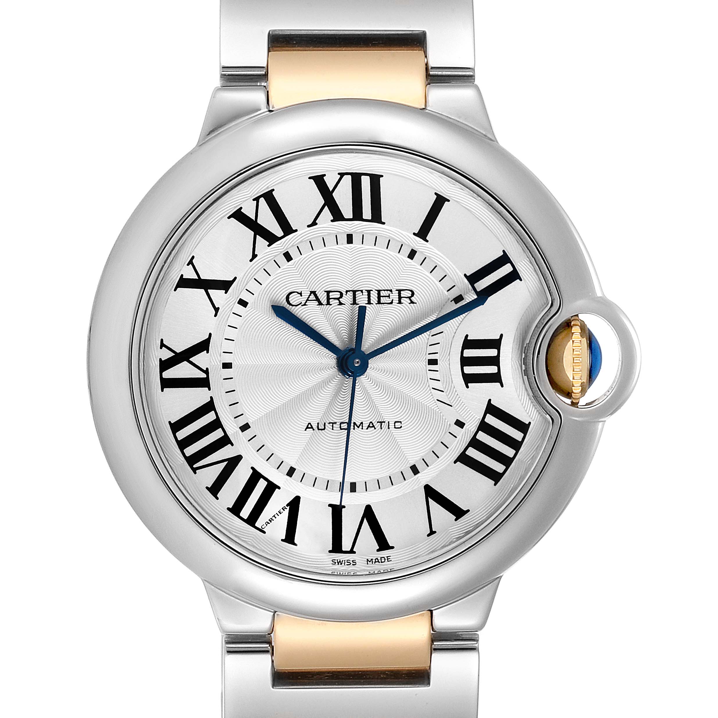This is a front view of a Cartier Ballon Bleu W2BB0012 Women
s Steel and Gold (two tone) Silver Dial W2BB0012 Women
s Steel and Gold (two tone) Silver Dial watch, showcasing the dial, Roman numerals, and part of the bracelet.