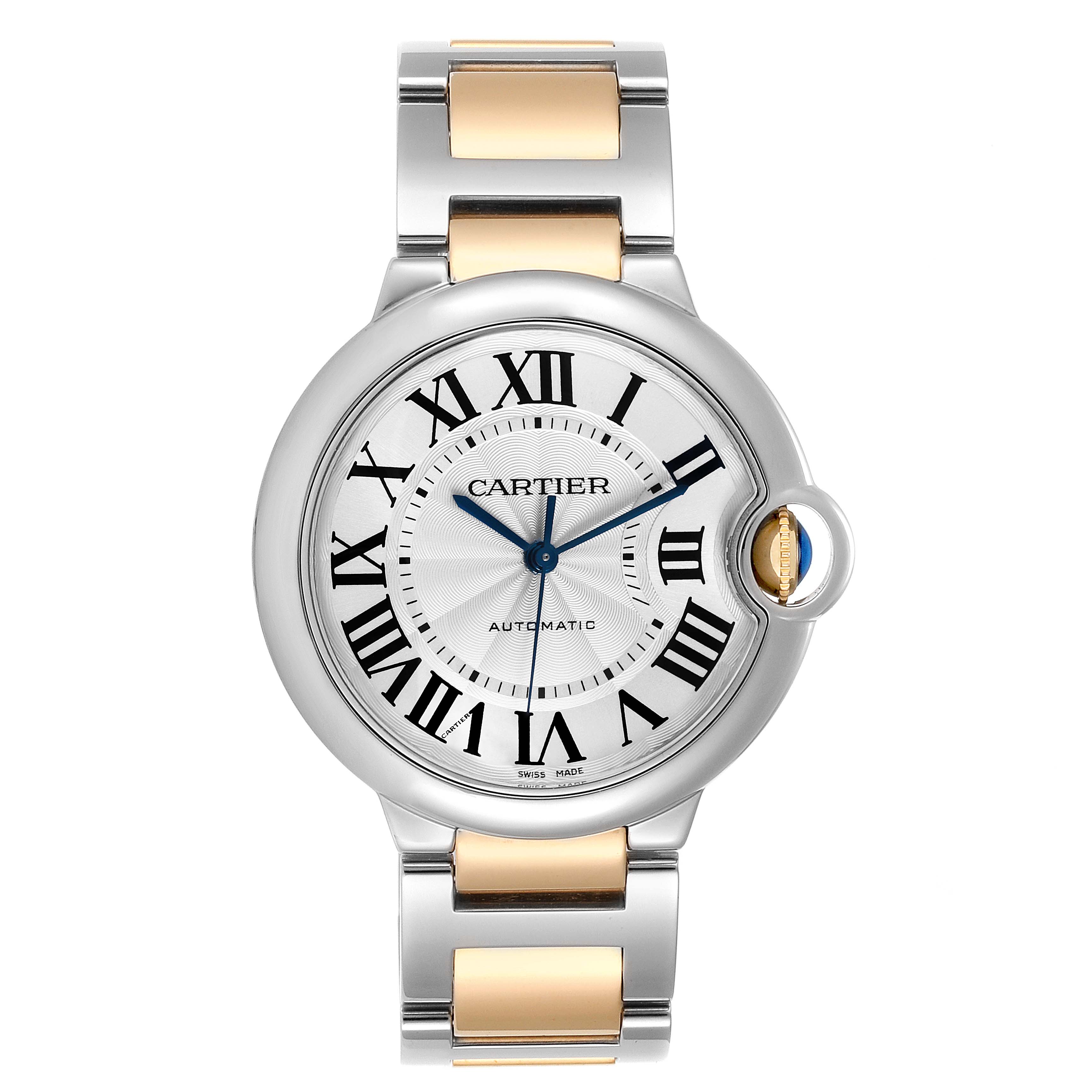 This image shows a front view of a Cartier Ballon Bleu W2BB0012 Women
s Steel and Gold (two tone) Silver Dial W2BB0012 Women
s Steel and Gold (two tone) Silver Dial watch, highlighting the face, case, and metal bracelet.