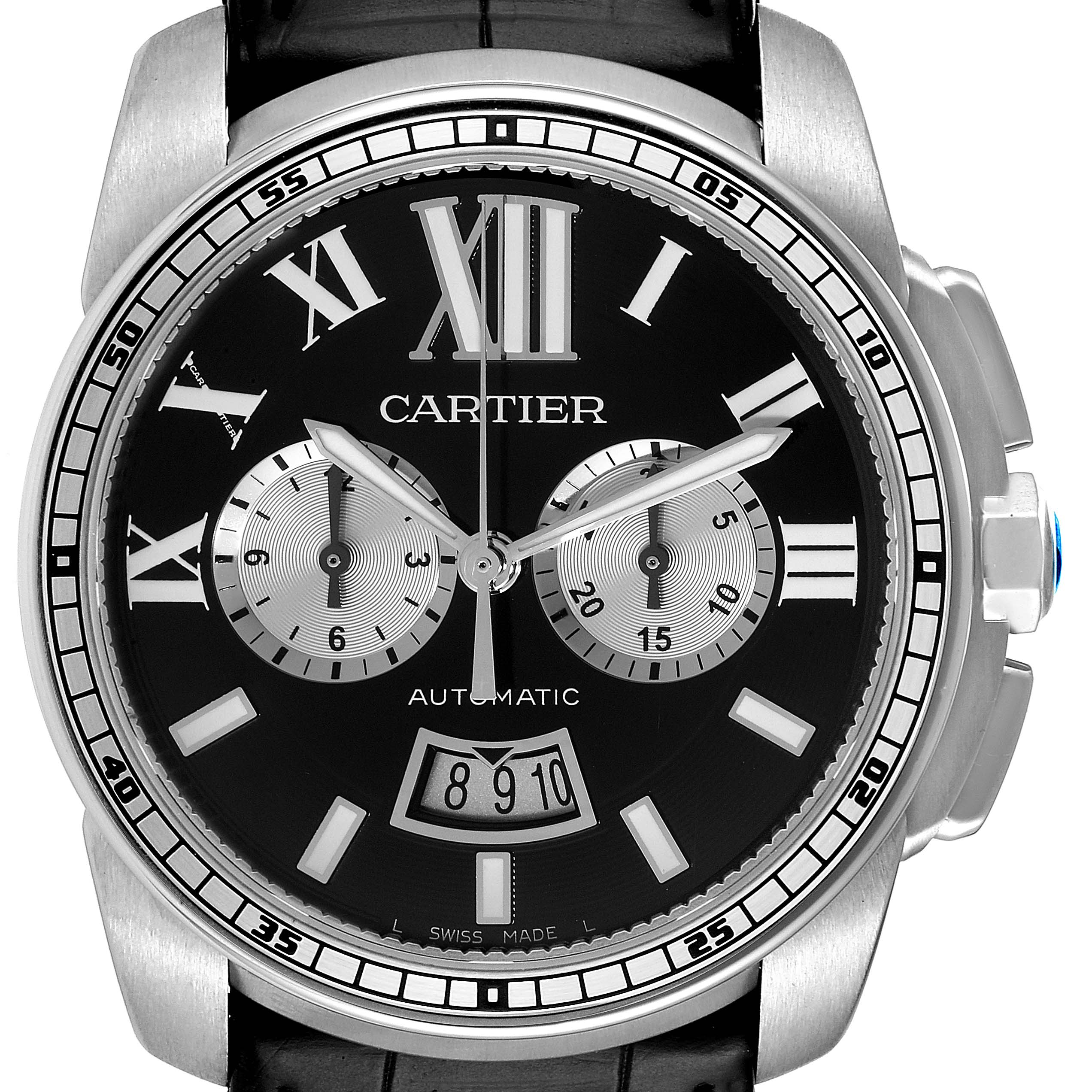 The Calibre de Cartier watch by Cartier is shown from a front angle, displaying its dial, hands, sub-dials, and crown.