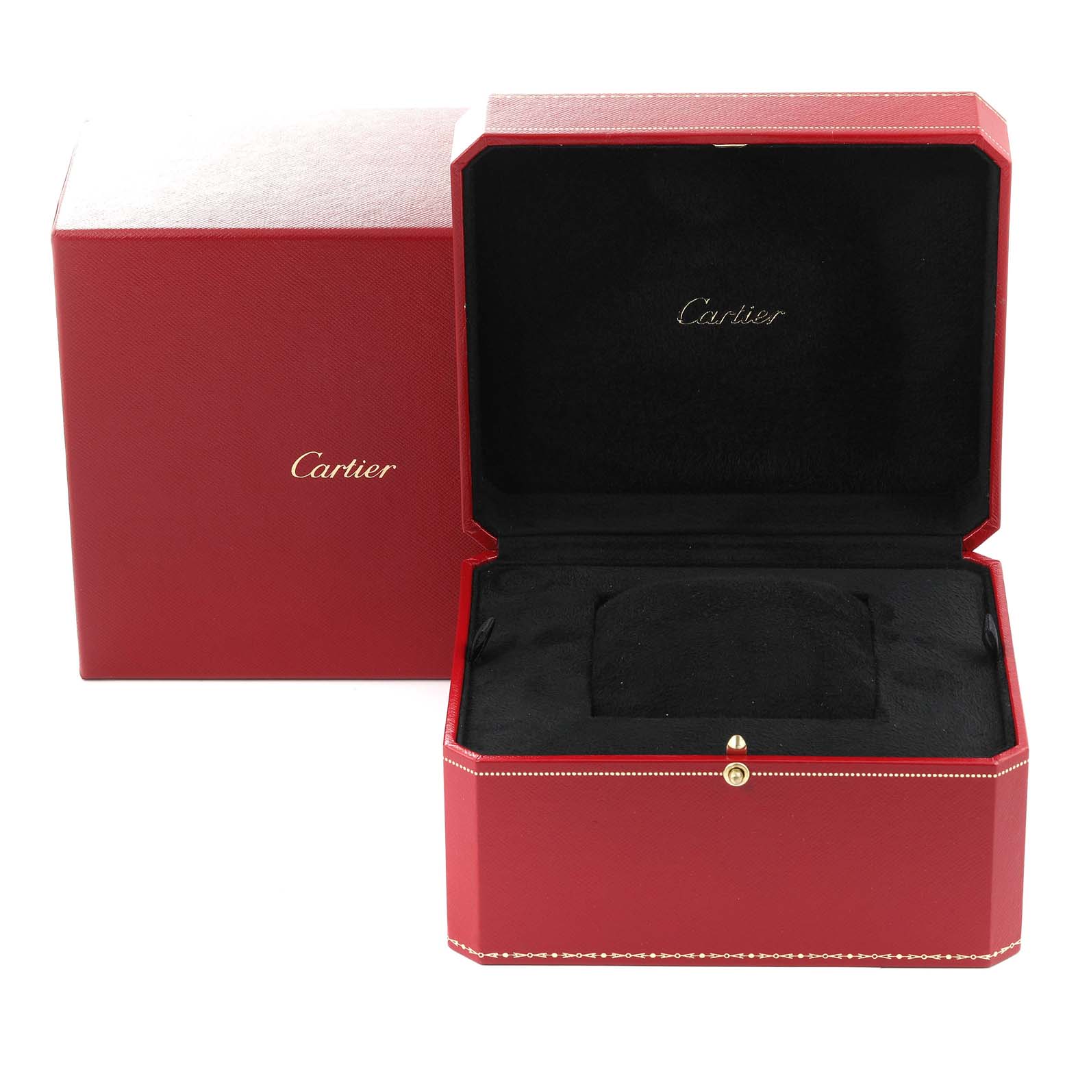 The image shows a Calibre de Cartier watch box by Cartier, with the box open and closed.