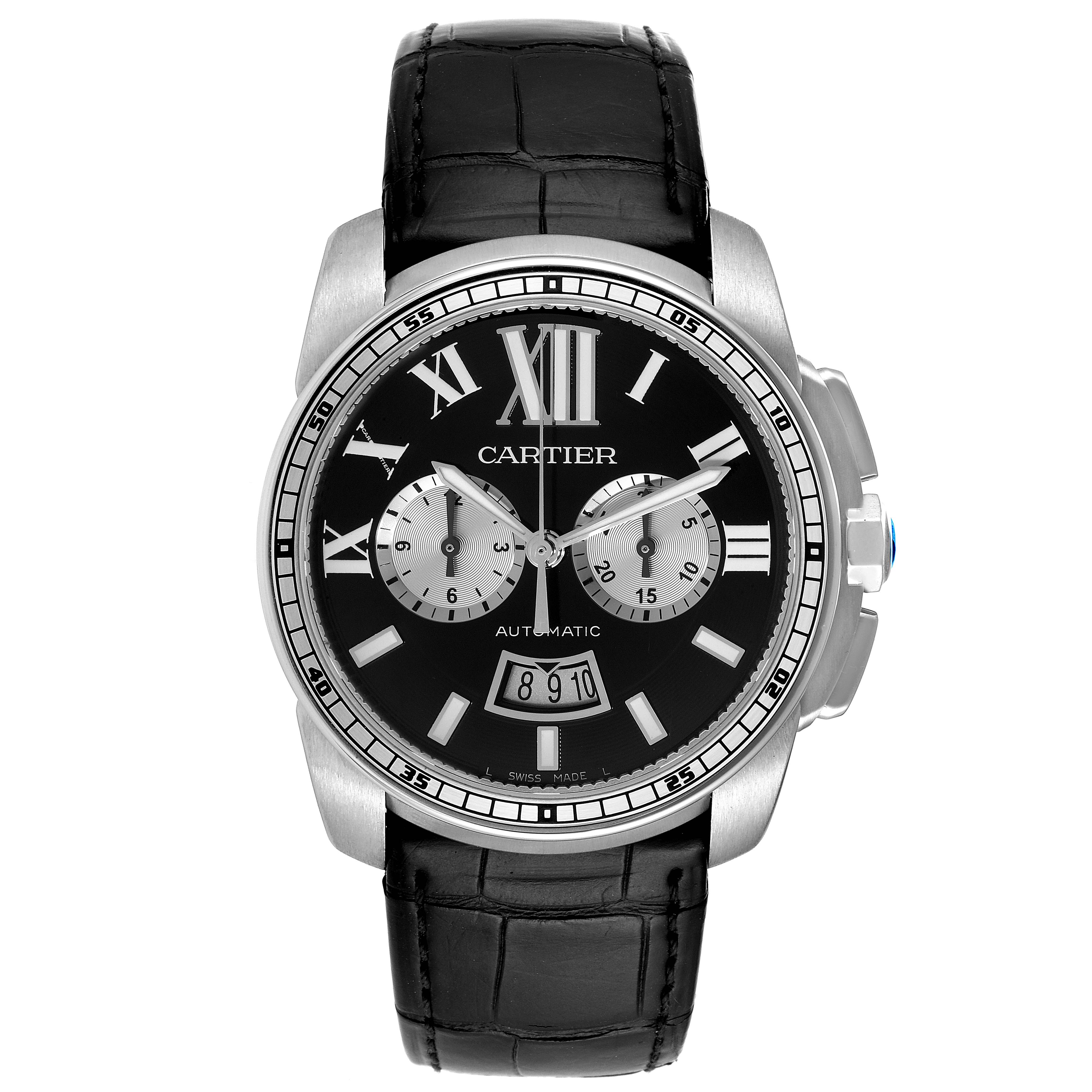 This is a frontal view of the Calibre de Cartier watch by Cartier, showcasing the dial, Roman numerals, subdials, and date window.