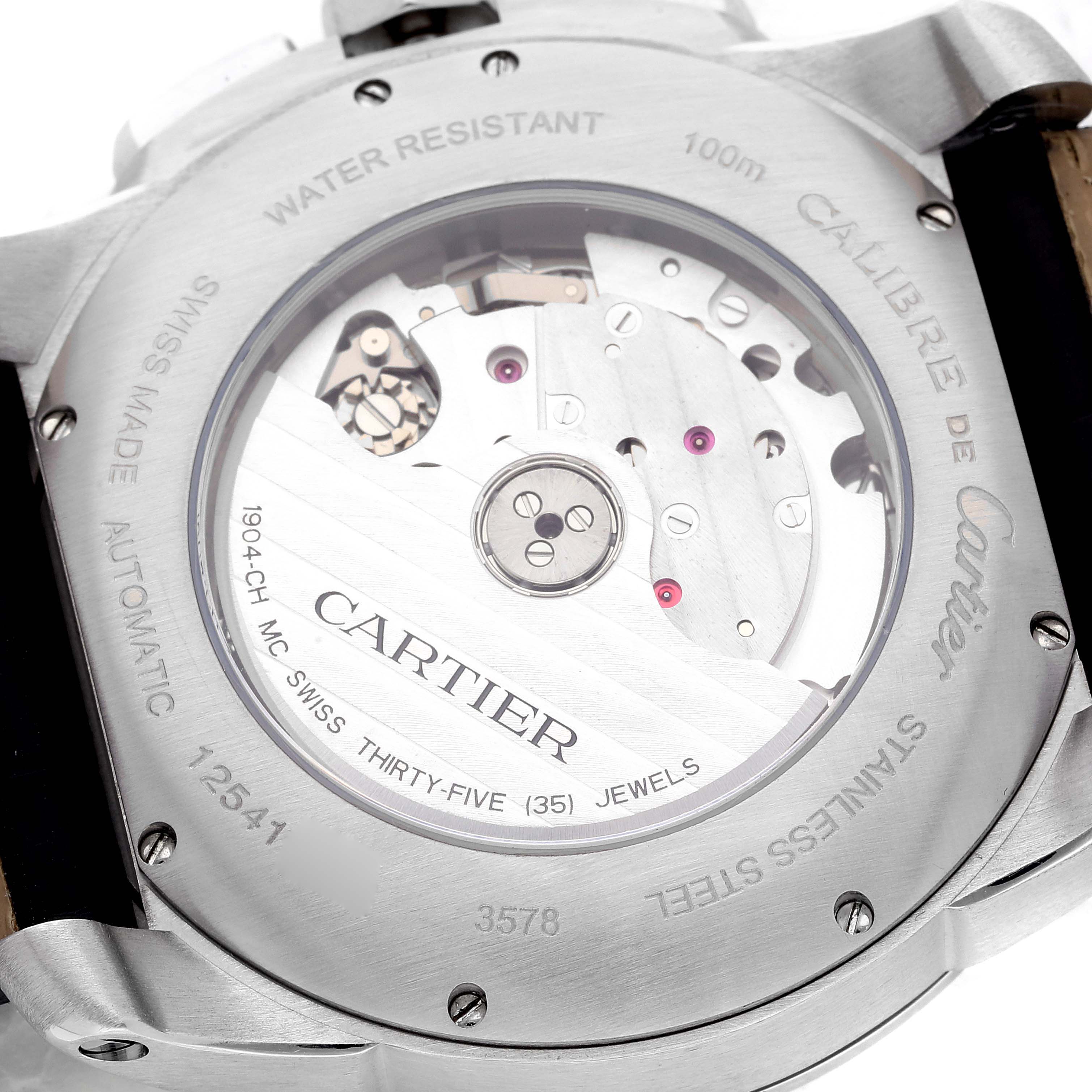 This is the back view of a Calibre de Cartier watch by Cartier, showcasing the automatic movement and water resistance details.
