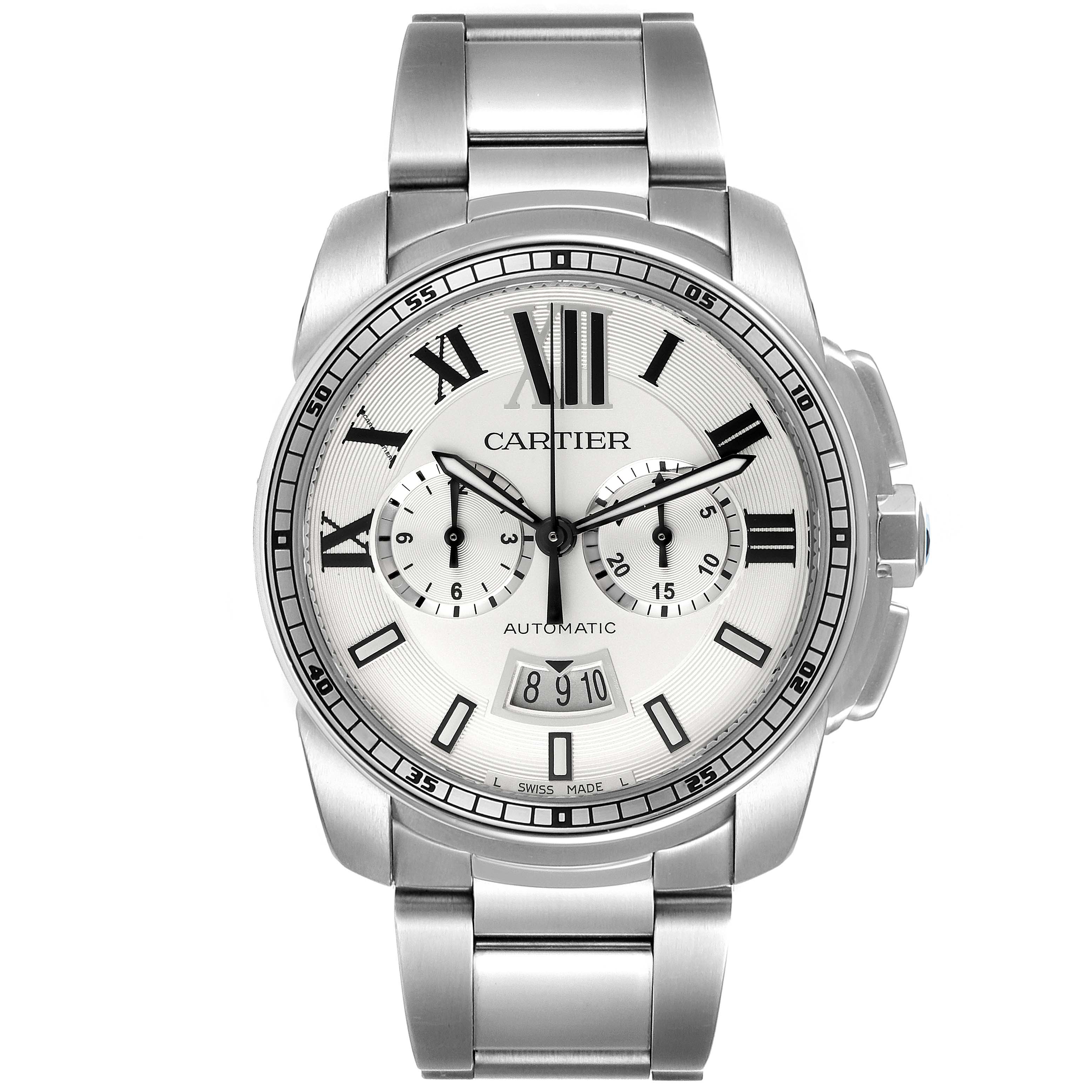 This is a front view of the Calibre de Cartier watch by Cartier, showing the face, bracelet, and dial details.