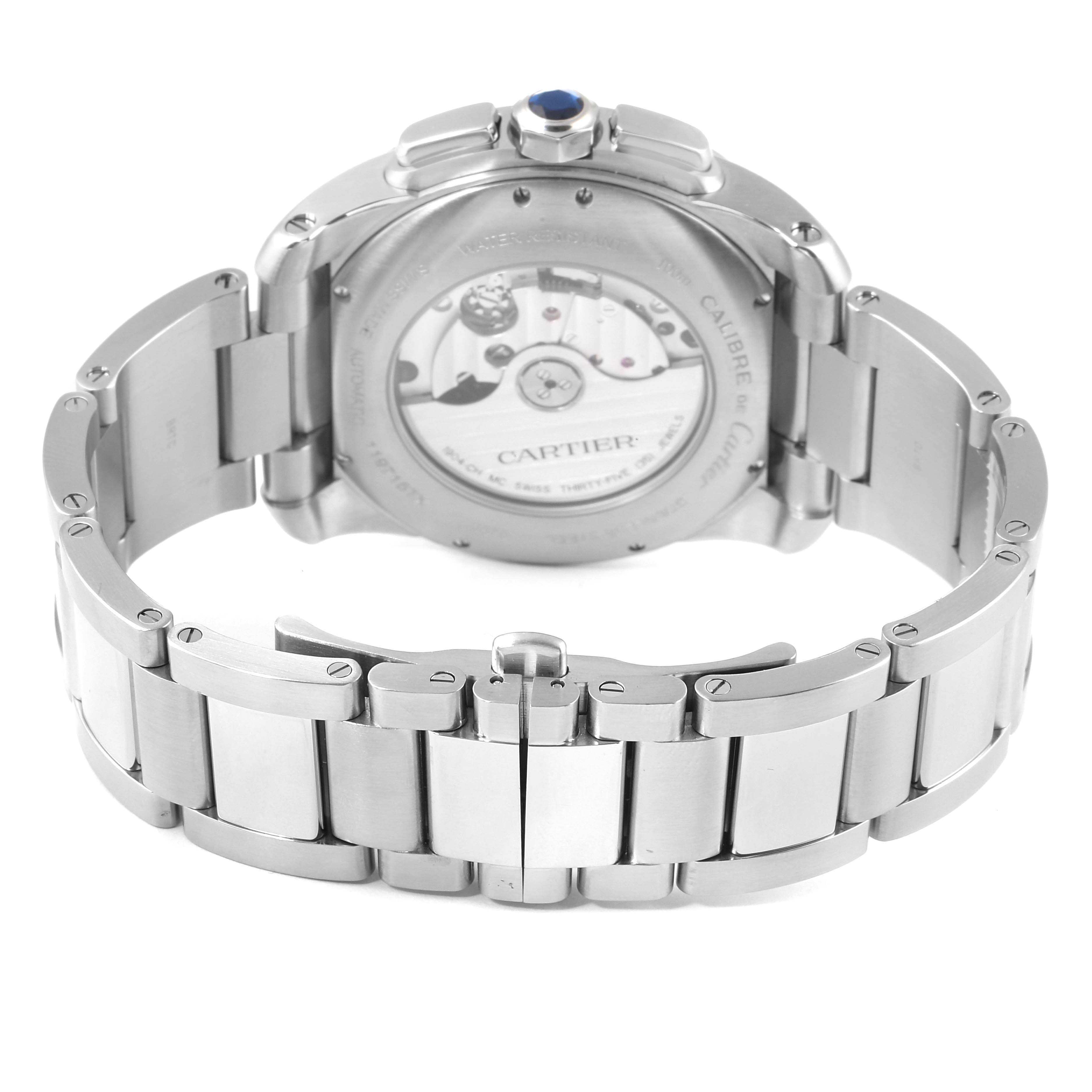 This image shows the back and bracelet of the Calibre de Cartier watch by Cartier.