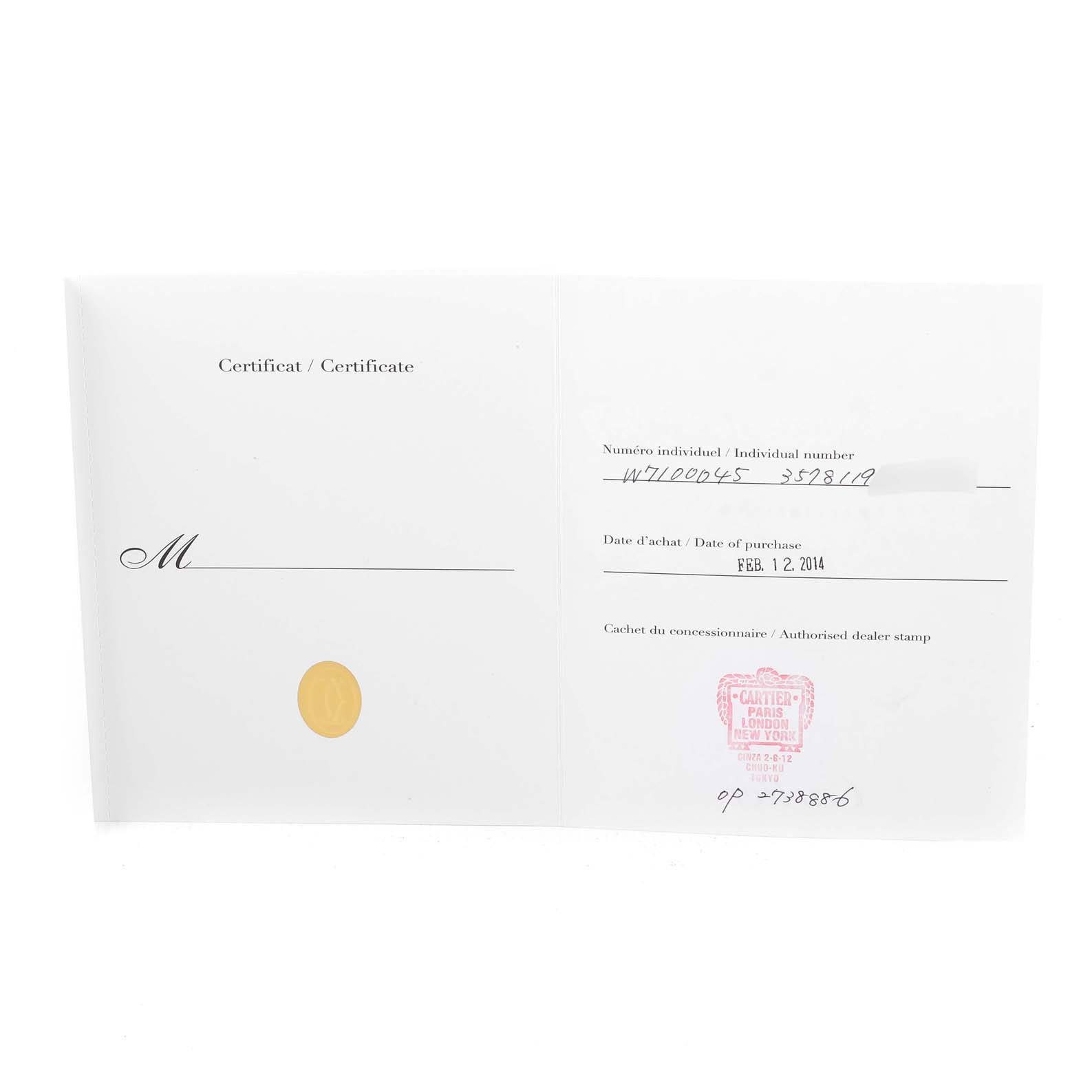 The image shows the authenticity certificate for a Calibre de Cartier watch by Cartier, with details like date of purchase and dealer stamp.