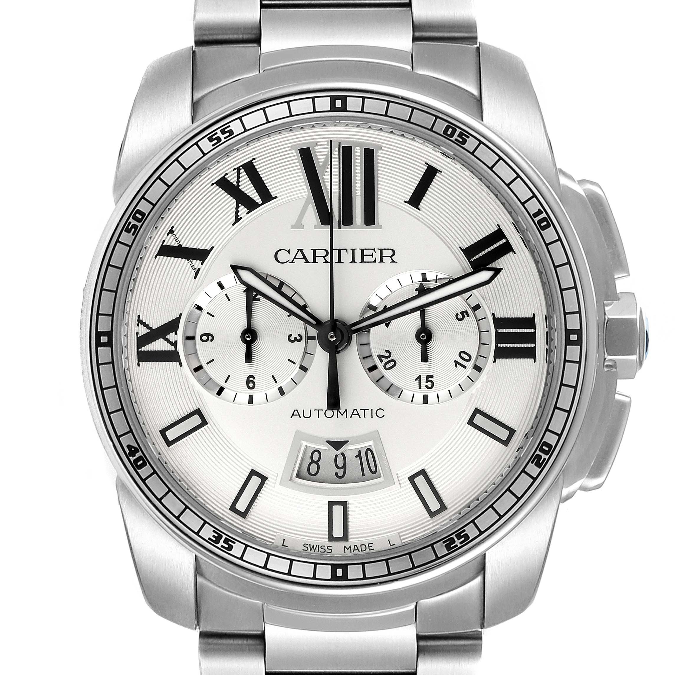 The image shows a front view of the Calibre de Cartier model by Cartier, displaying the dial, sub-dials, hands, and part of the bracelet.