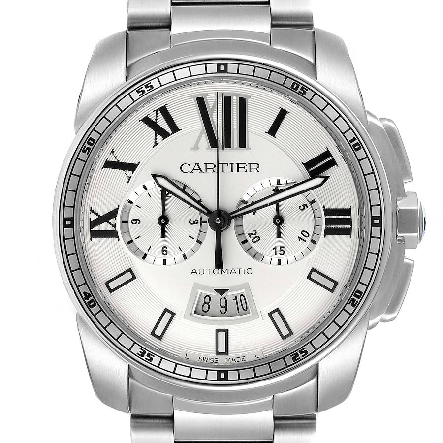 Cartier Calibre Silver Dial Chronograph Mens Watch W7100045 Box Papers SwissWatchExpo