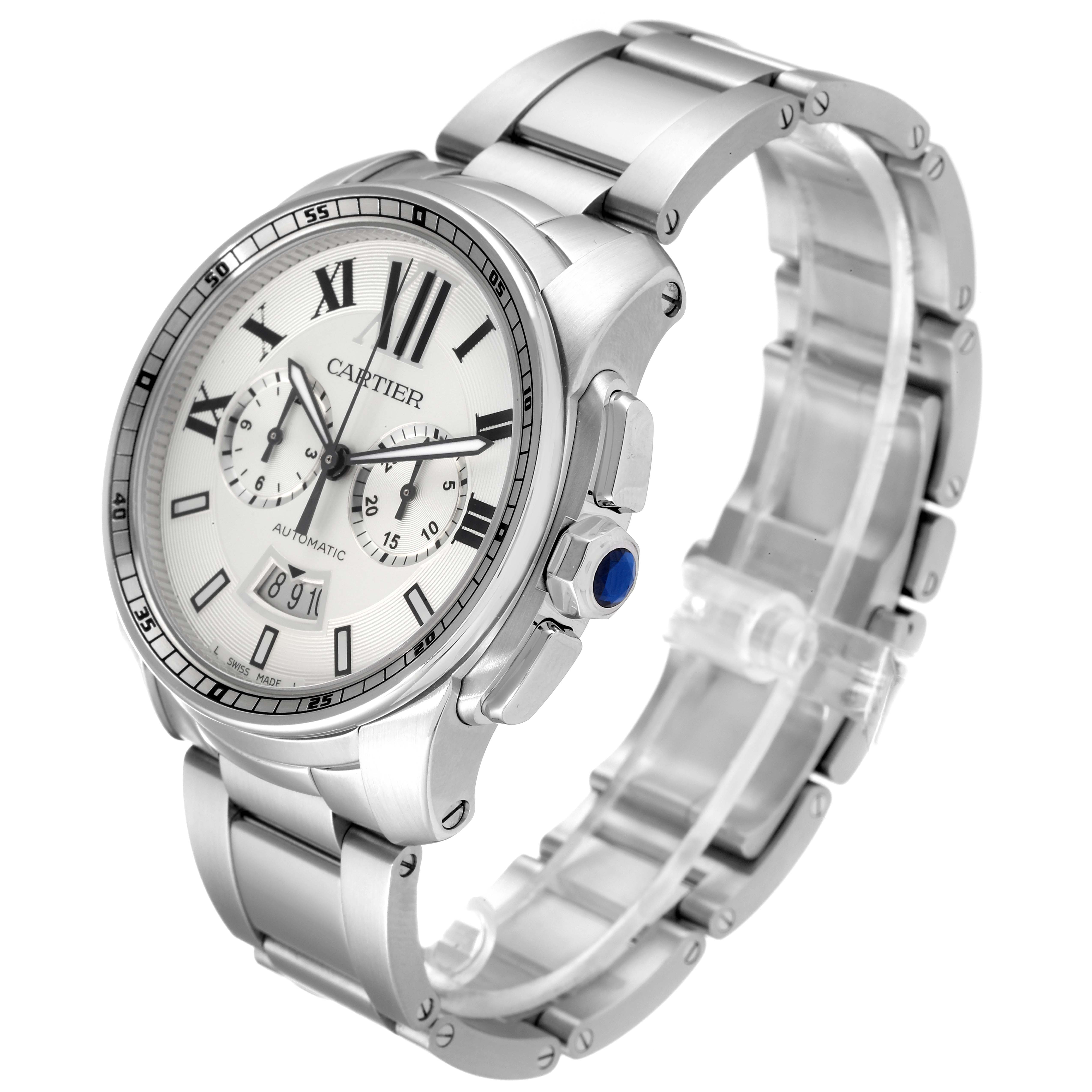 The image shows a Calibre de Cartier by Cartier from a front angle, highlighting the face, bezel, crown, and bracelet.