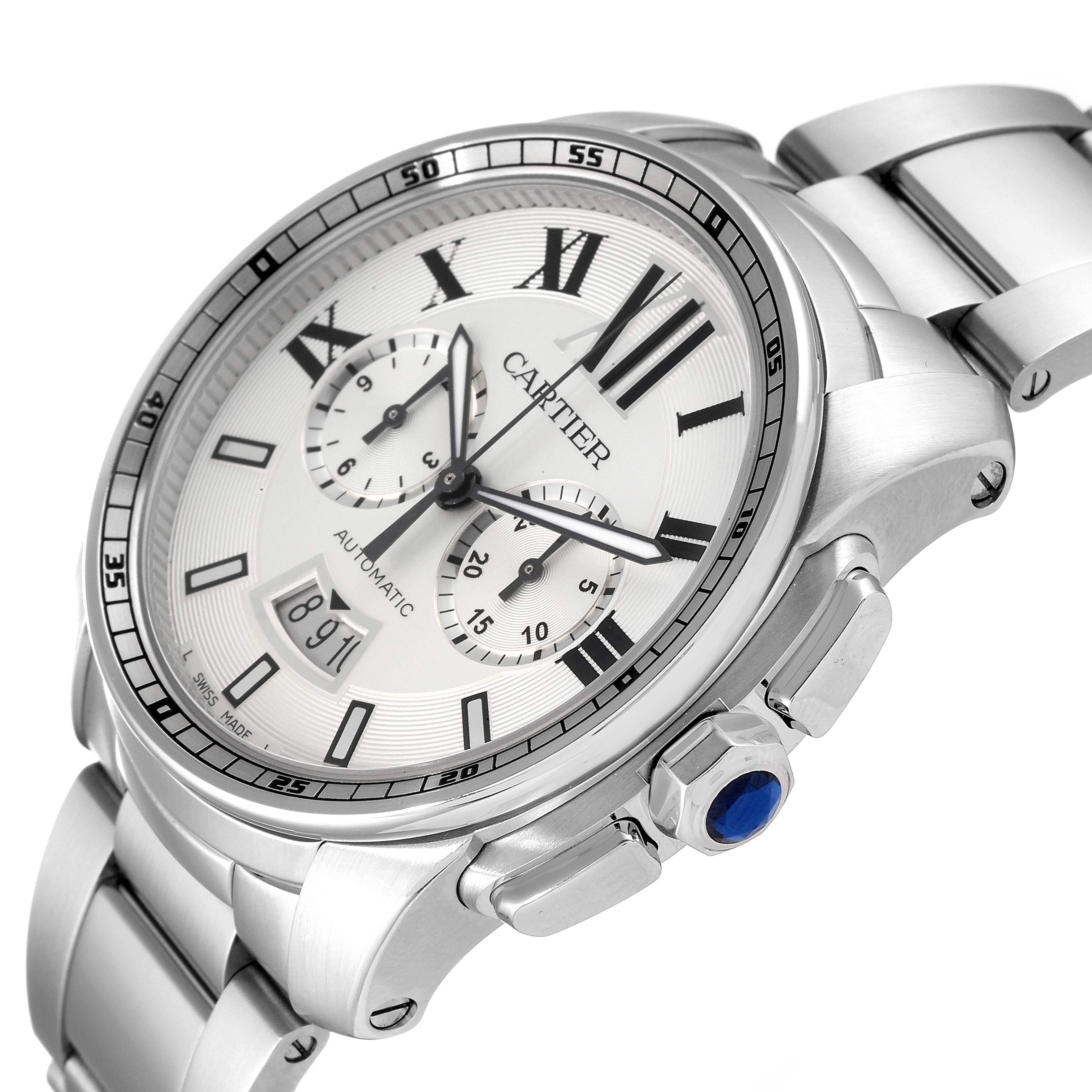 This image shows a Calibre de Cartier watch by Cartier from a three-quarter angle highlighting the face, bezel, crown, and bracelet.