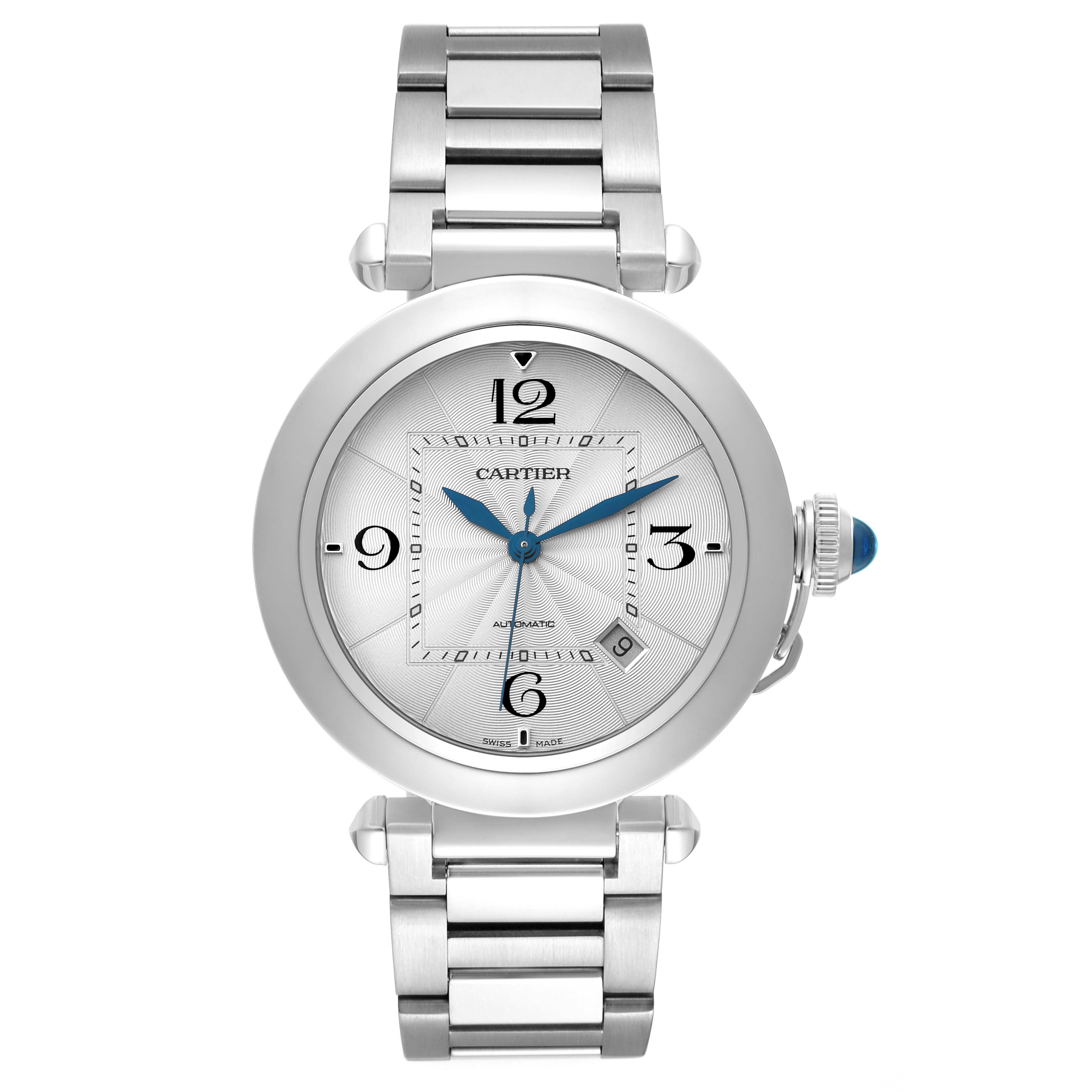This image shows a front view of the Cartier Pasha WSPA0009 Men's Stainless Steel Silver Dial WSPA0009 Men's Stainless Steel Silver Dial watch, displaying the face, bezel, crown, and metal bracelet.