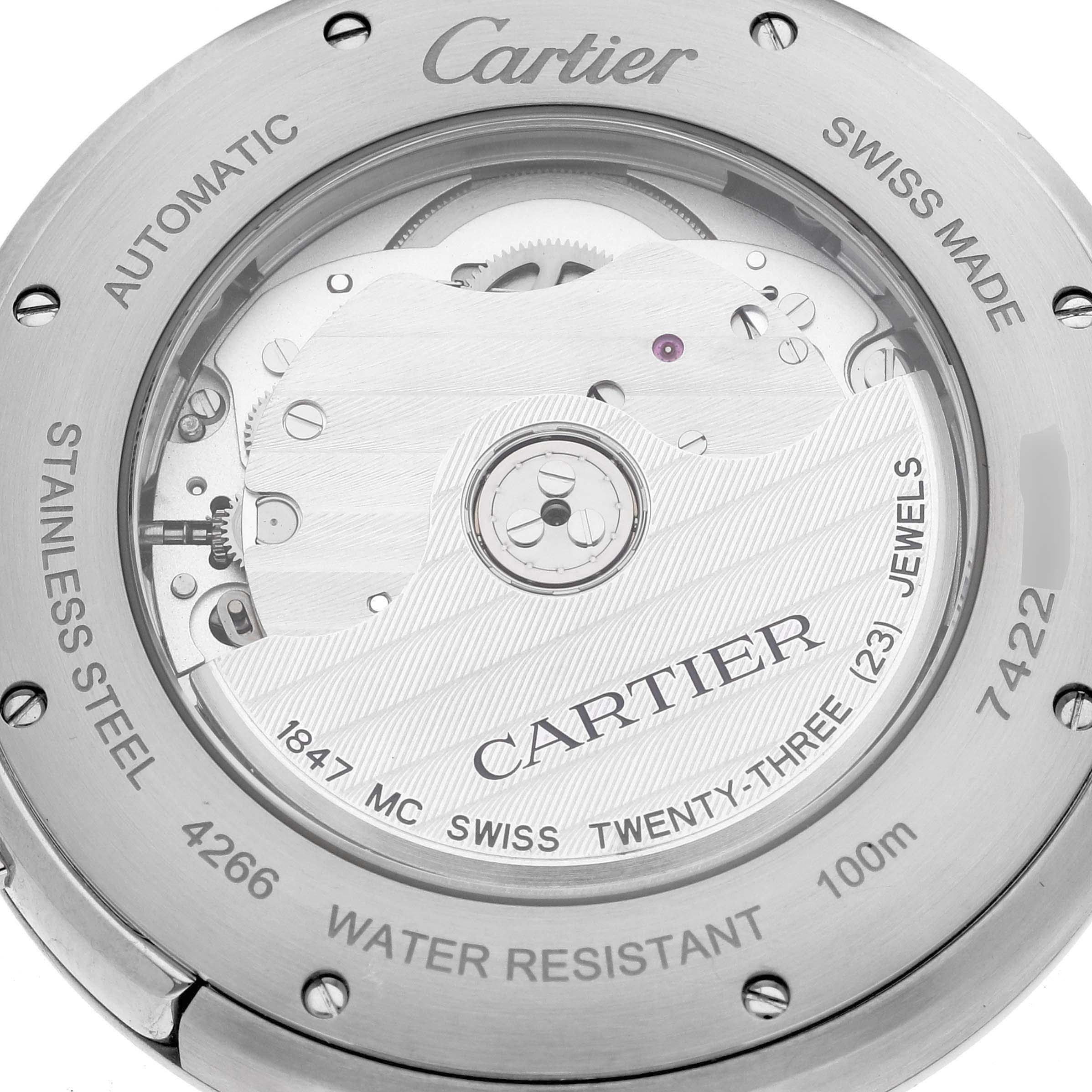 This image shows the back view of a Cartier Pasha WSPA0009 Men's Stainless Steel Silver Dial WSPA0009 Men's Stainless Steel Silver Dial watch, highlighting its inner automatic movement and specifications.