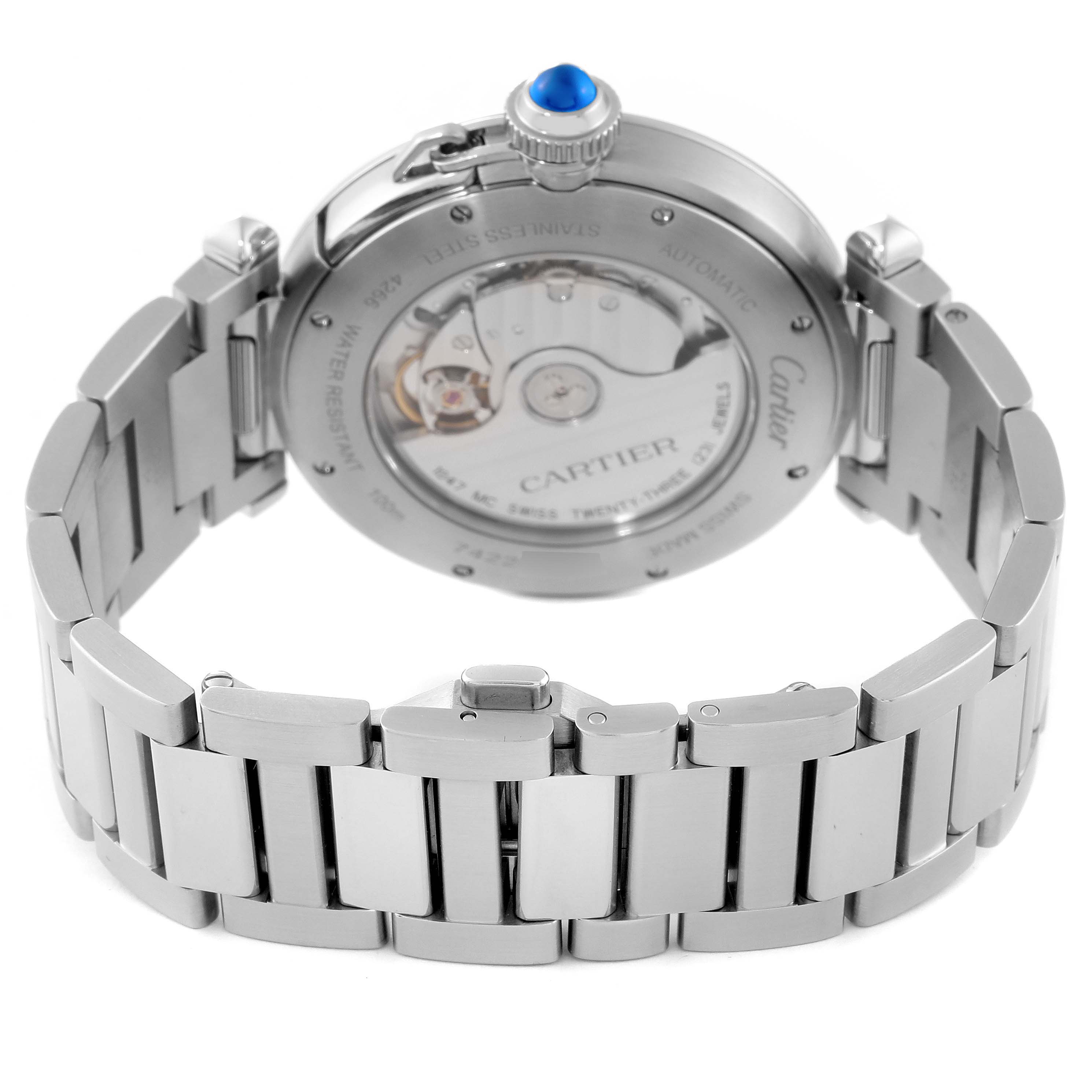 The image shows the back view of the Cartier Pasha WSPA0009 Men's Stainless Steel Silver Dial WSPA0009 Men's Stainless Steel Silver Dial watch, highlighting the stainless steel bracelet and the transparent case back.