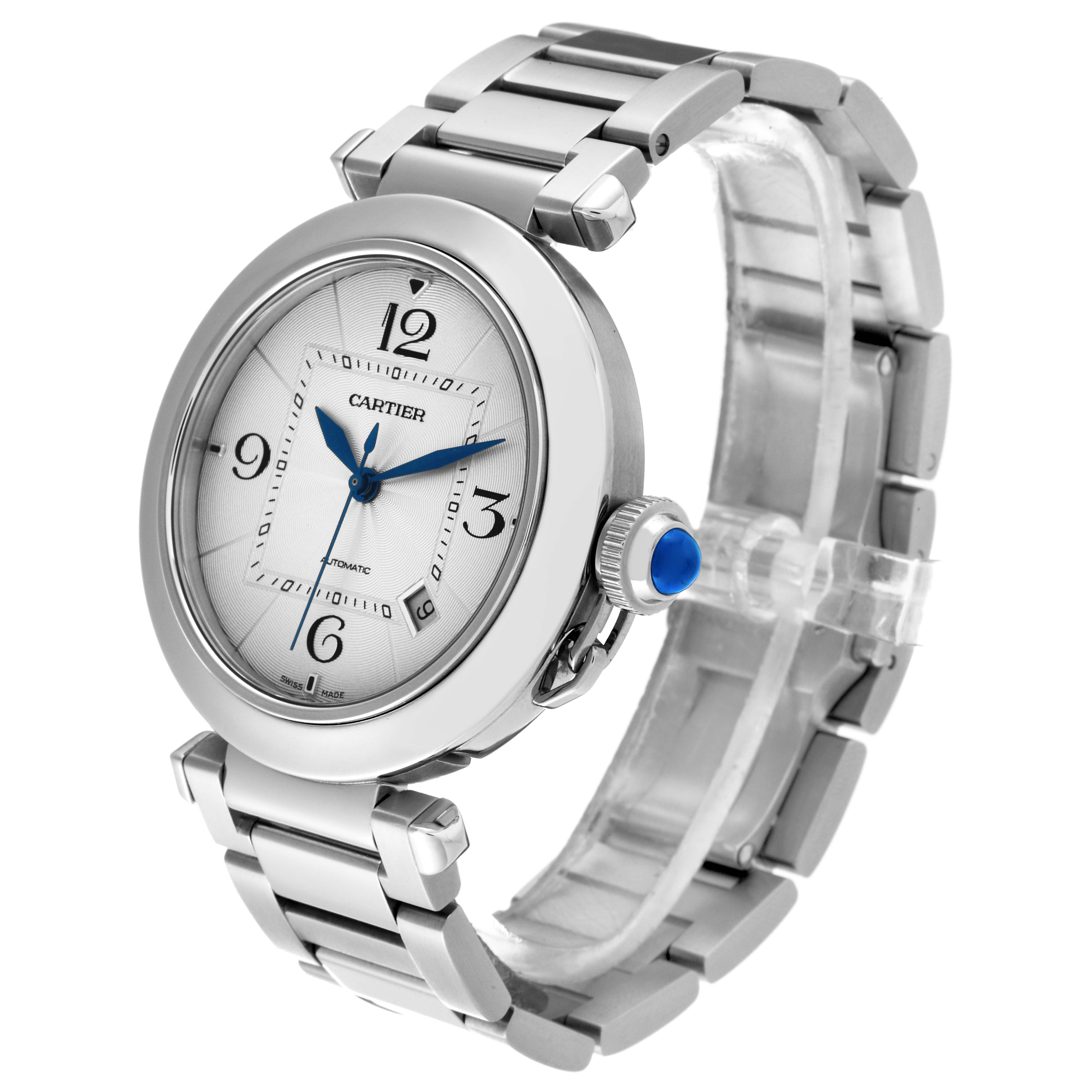 The image shows a frontal and side view of a Cartier Pasha WSPA0009 Men's Stainless Steel Silver Dial WSPA0009 Men's Stainless Steel Silver Dial watch, highlighting the dial, crown, and stainless steel bracelet.