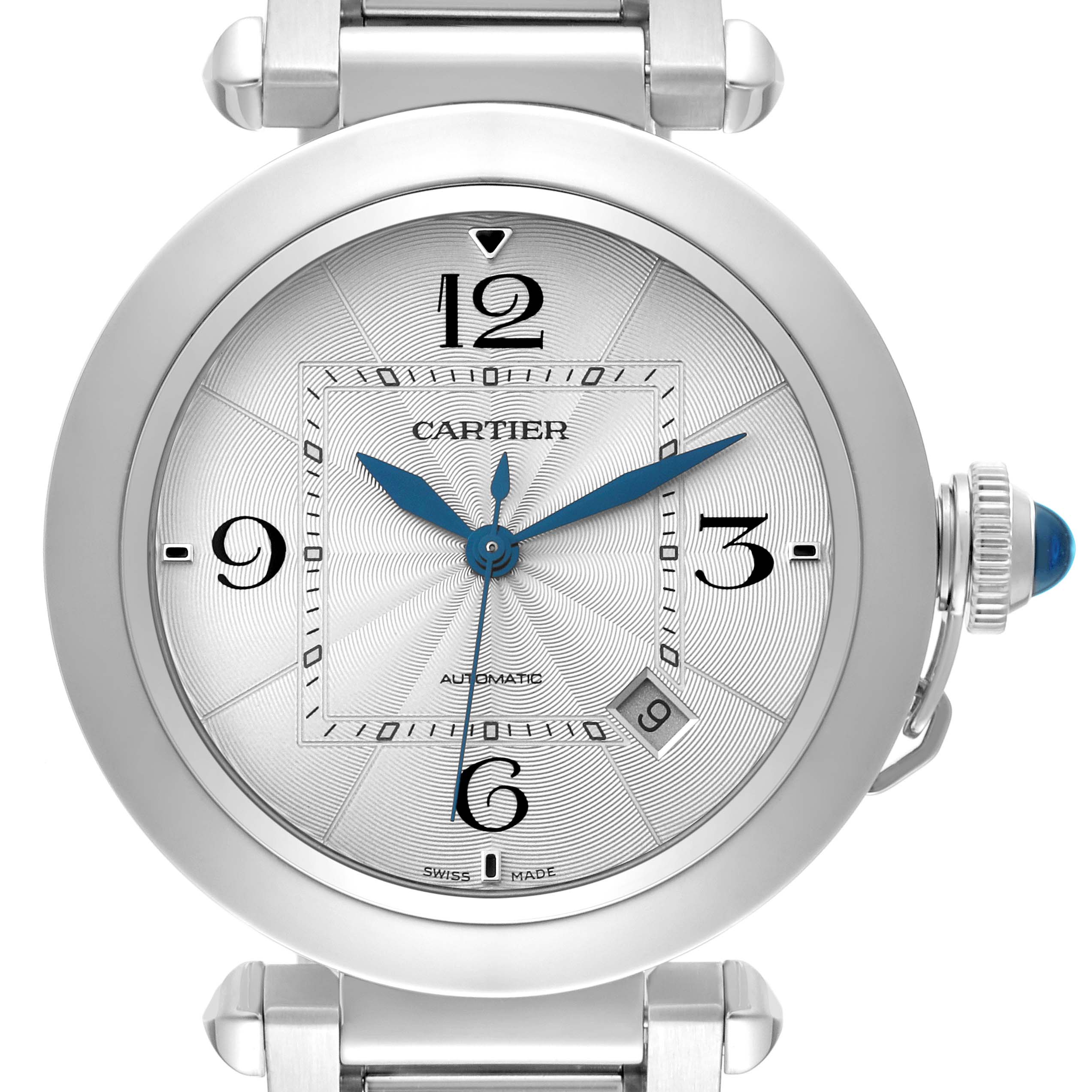 This image shows a front view of a Cartier Pasha WSPA0009 Men's Stainless Steel Silver Dial WSPA0009 Men's Stainless Steel Silver Dial watch, highlighting the face, hands, numerals, and crown with a blue cabochon.