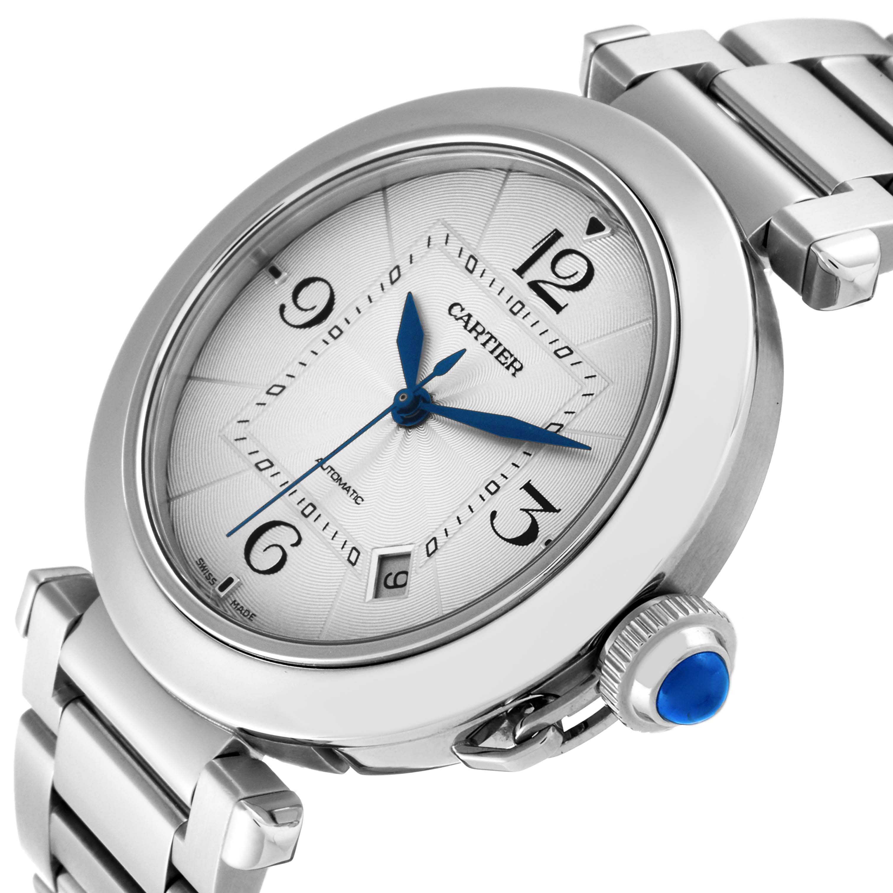 The image shows a Cartier Pasha WSPA0009 Men's Stainless Steel Silver Dial WSPA0009 Men's Stainless Steel Silver Dial model watch from a three-quarter angle, highlighting its face, crown, and stainless steel band.