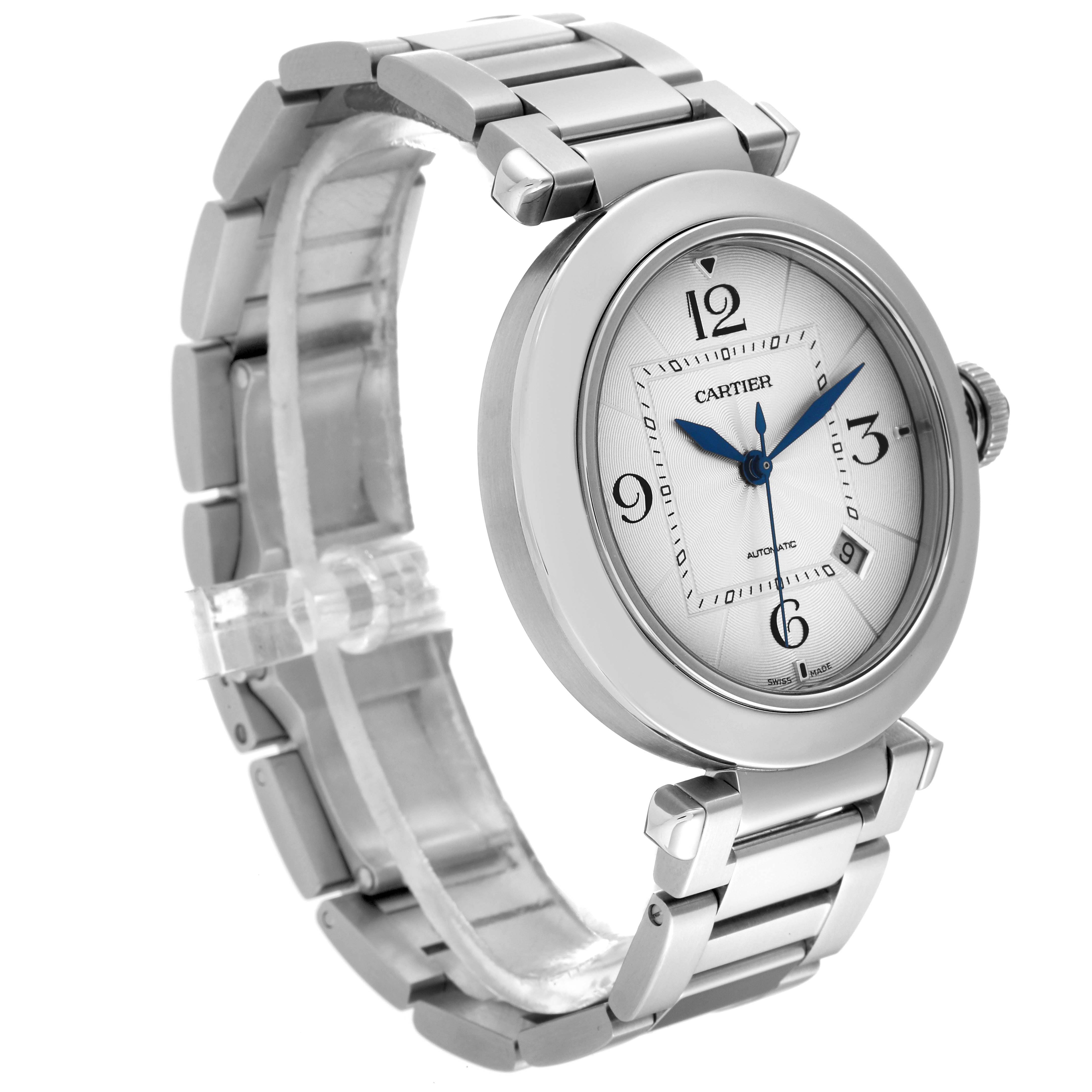 The image shows a Cartier Pasha WSPA0009 Men's Stainless Steel Silver Dial WSPA0009 Men's Stainless Steel Silver Dial watch from a front angle, highlighting its dial, bracelet, and crown.