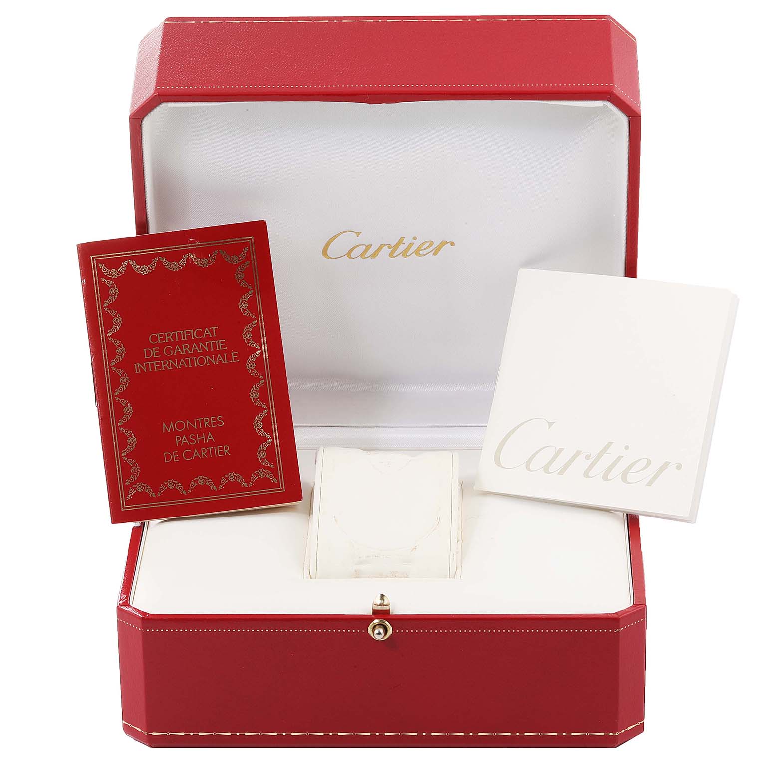 The image shows a Cartier Pasha W3101255 Men
s Steel and Gold (two tone) Silver Dial W3101255 Men
s Steel and Gold (two tone) Silver Dial watch box with guarantee certificates and booklets.