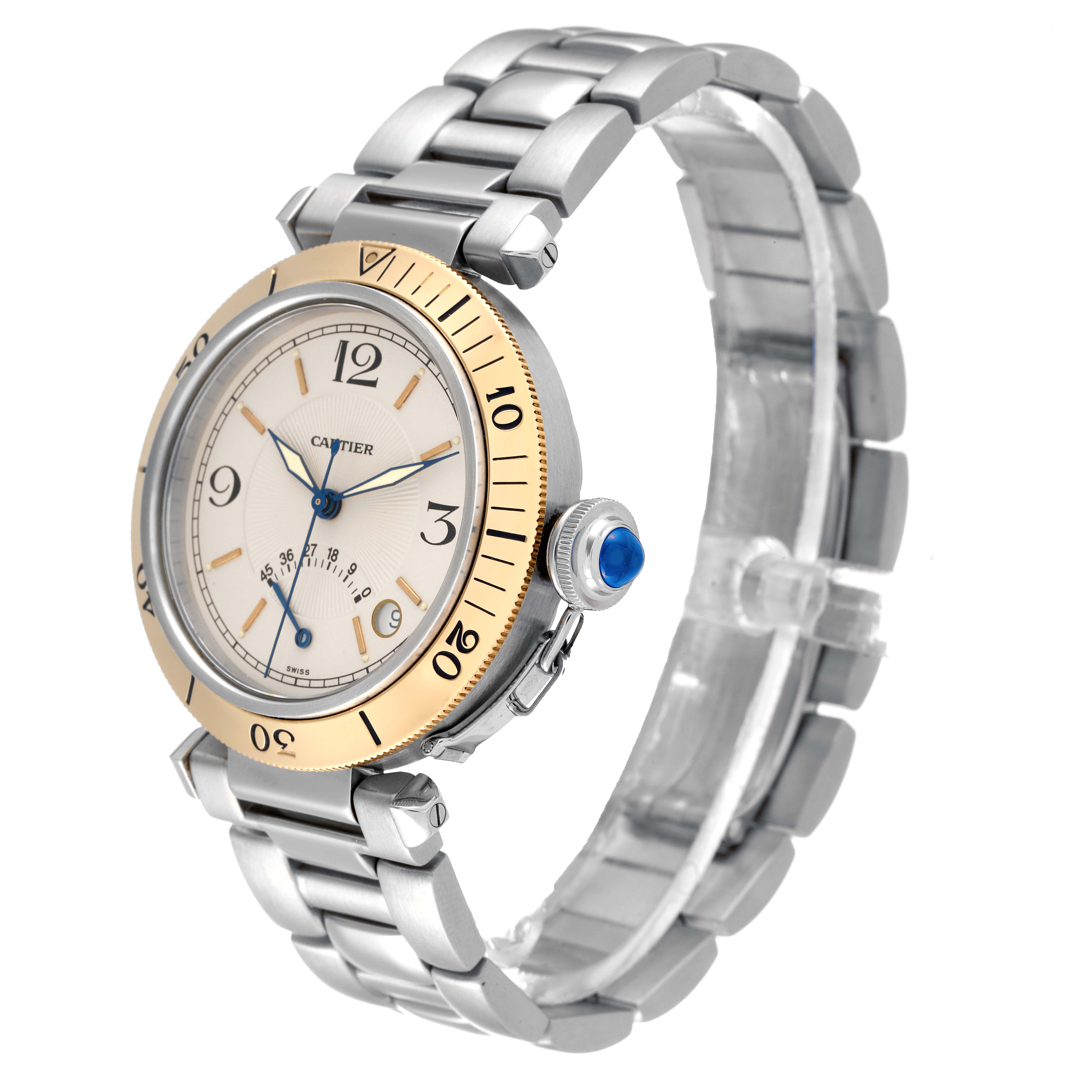 The image shows a Cartier Pasha W3101255 Men
s Steel and Gold (two tone) Silver Dial W3101255 Men
s Steel and Gold (two tone) Silver Dial watch at a three-quarter angle, displaying its face, strap, bezel, and crown.