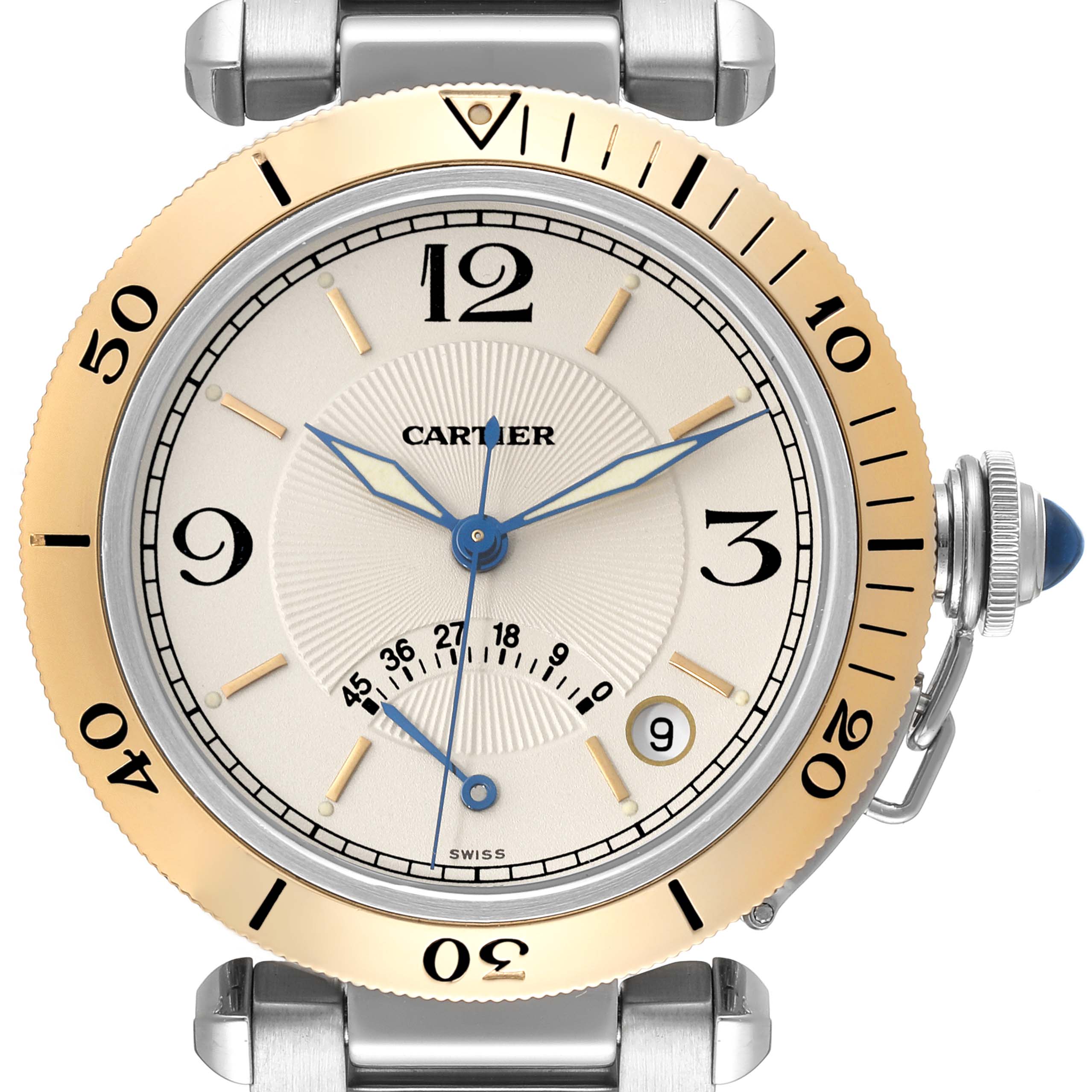 This Cartier Pasha W3101255 Men
s Steel and Gold (two tone) Silver Dial W3101255 Men
s Steel and Gold (two tone) Silver Dial model watch is shown from a front angle, displaying the dial, hands, crown, and part of the bracelet.